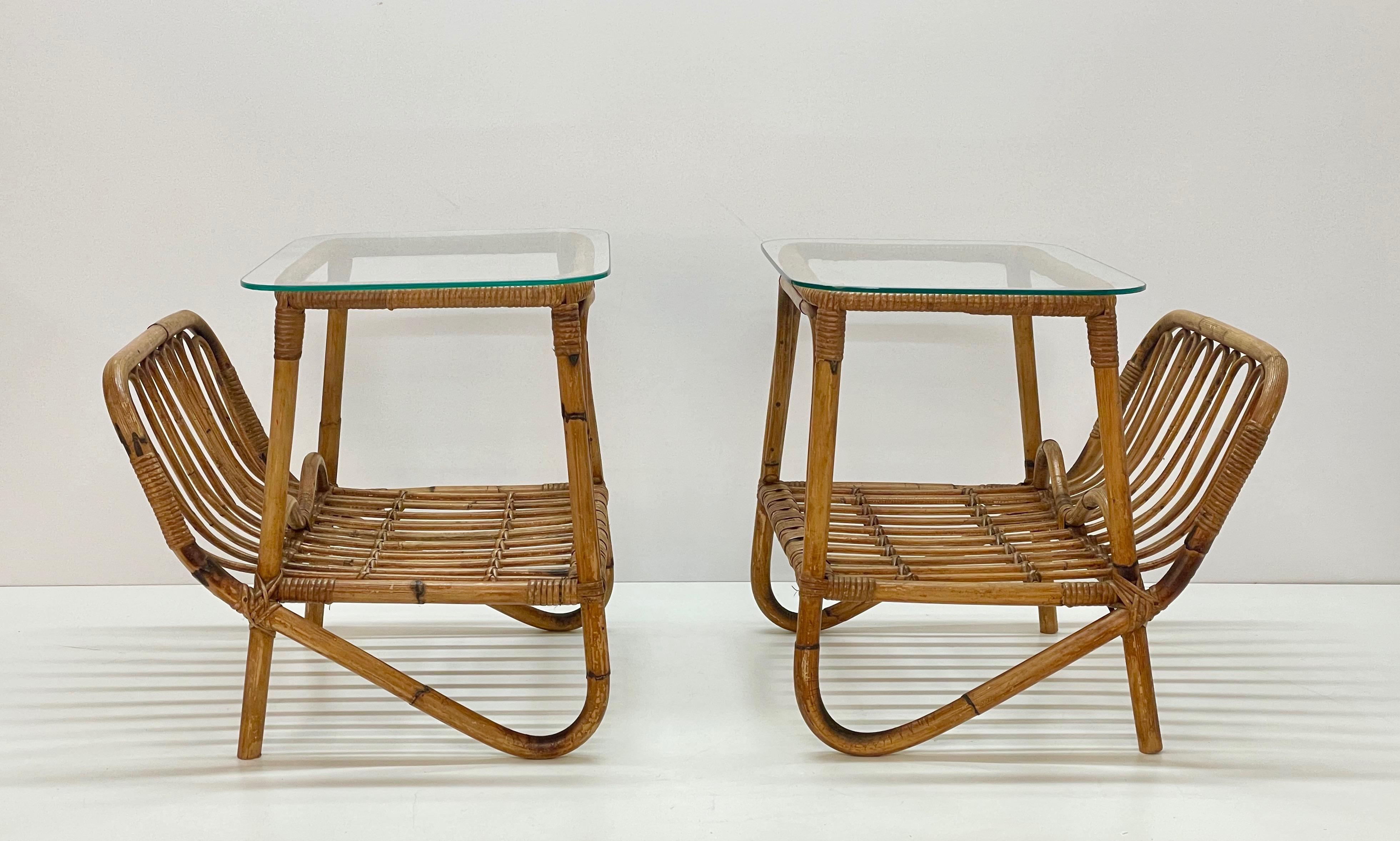 Pair of Midcentury Bamboo Italian Magazine Rack Tables with Glass Shelf, 1960s 1