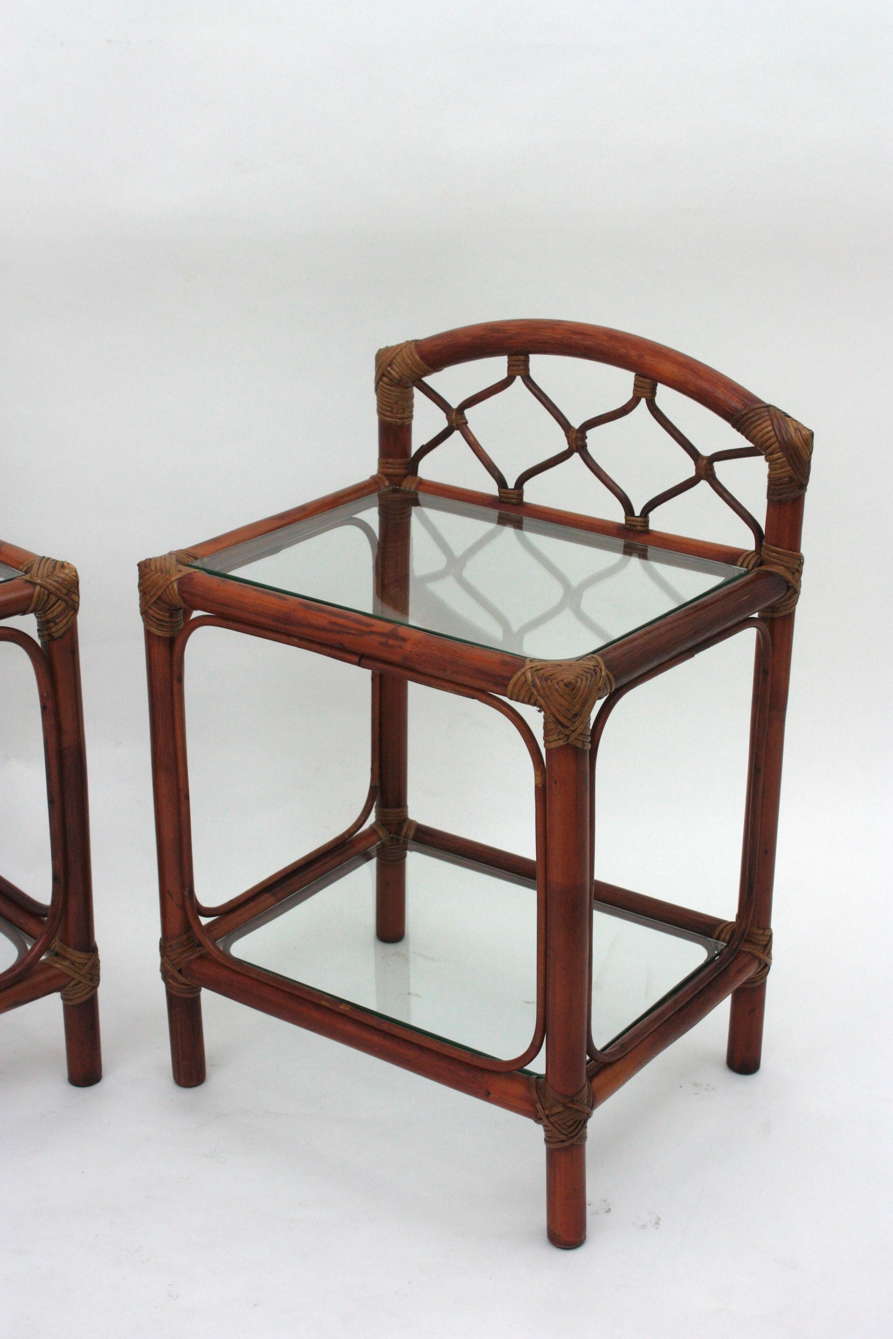Pair of Midcentury Bamboo Rattan Nightstands with Glass Shelves, 1960s For Sale 3