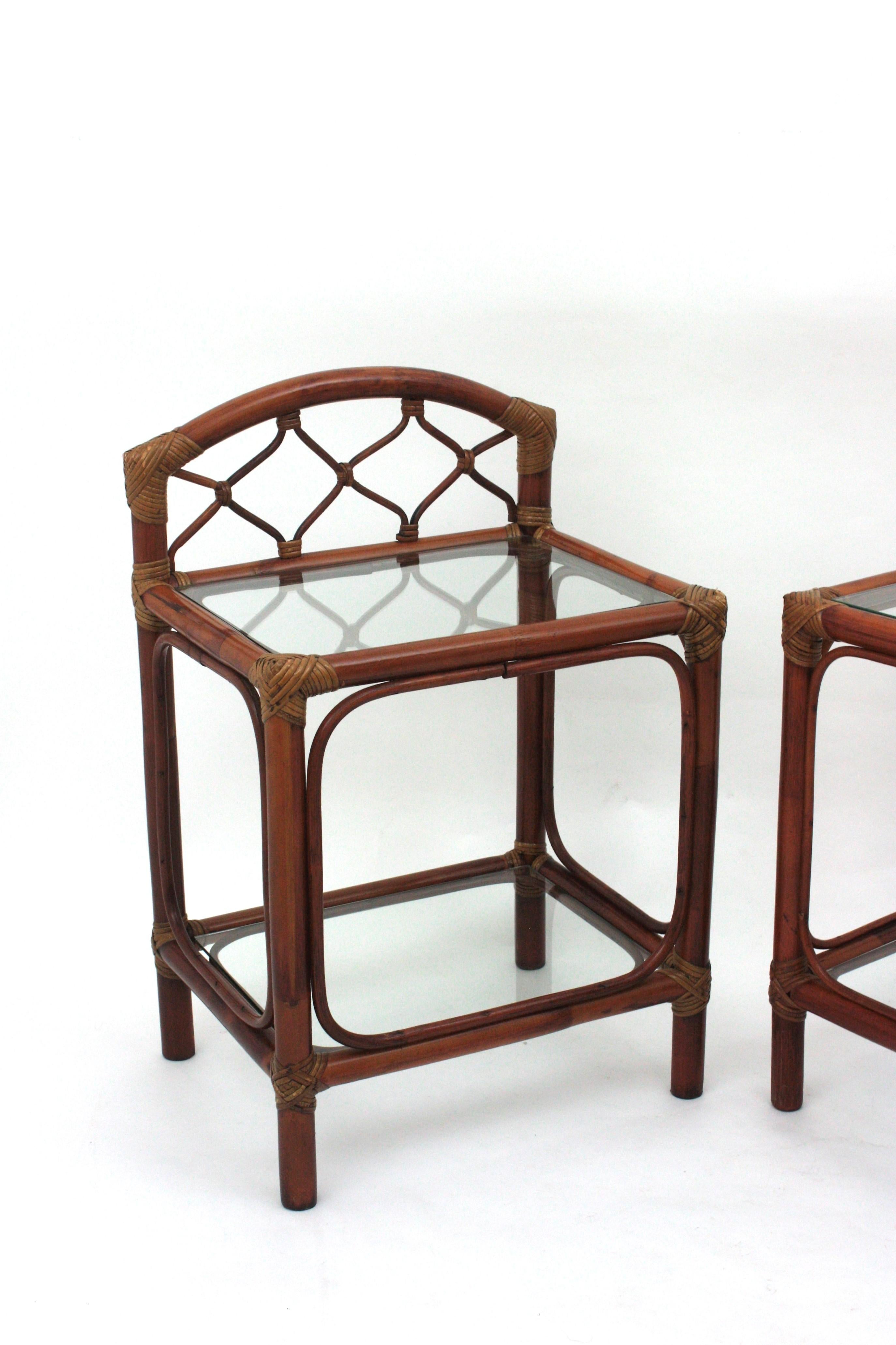 Pair of Midcentury Bamboo Rattan Nightstands with Glass Shelves, 1960s For Sale 4