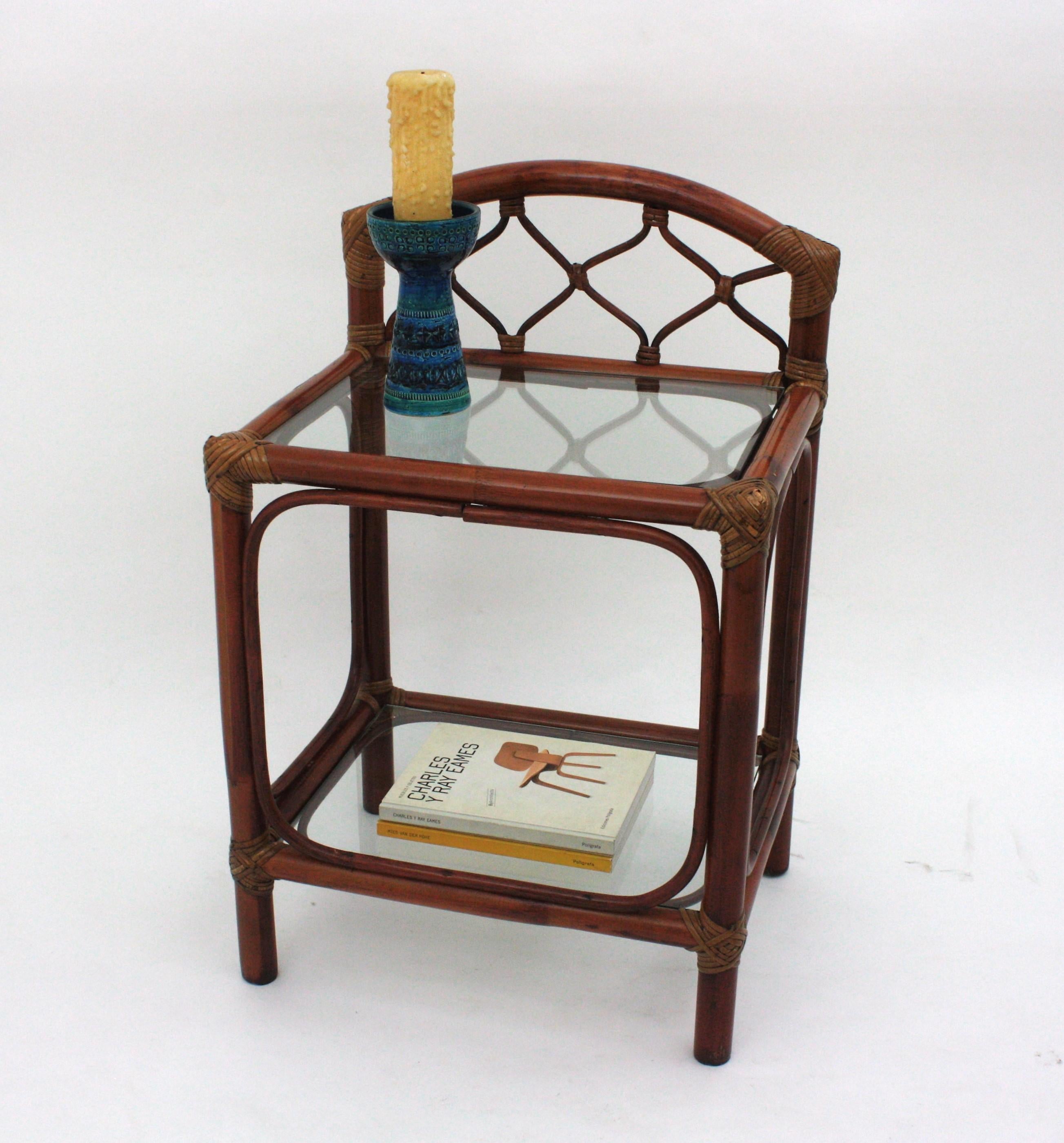 Pair of Midcentury Bamboo Rattan Nightstands with Glass Shelves, 1960s For Sale 5