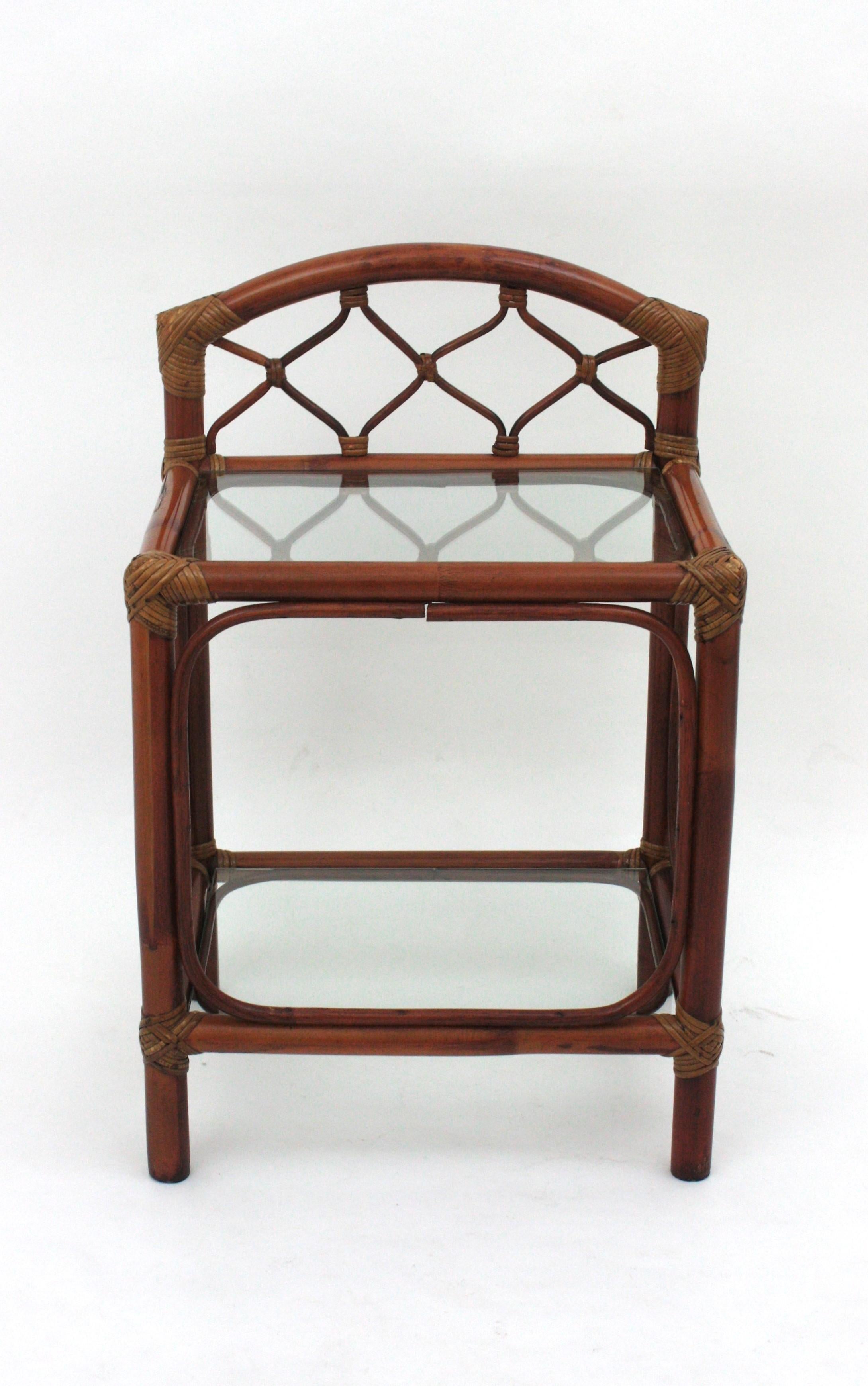 Pair of Midcentury Bamboo Rattan Nightstands with Glass Shelves, 1960s For Sale 6