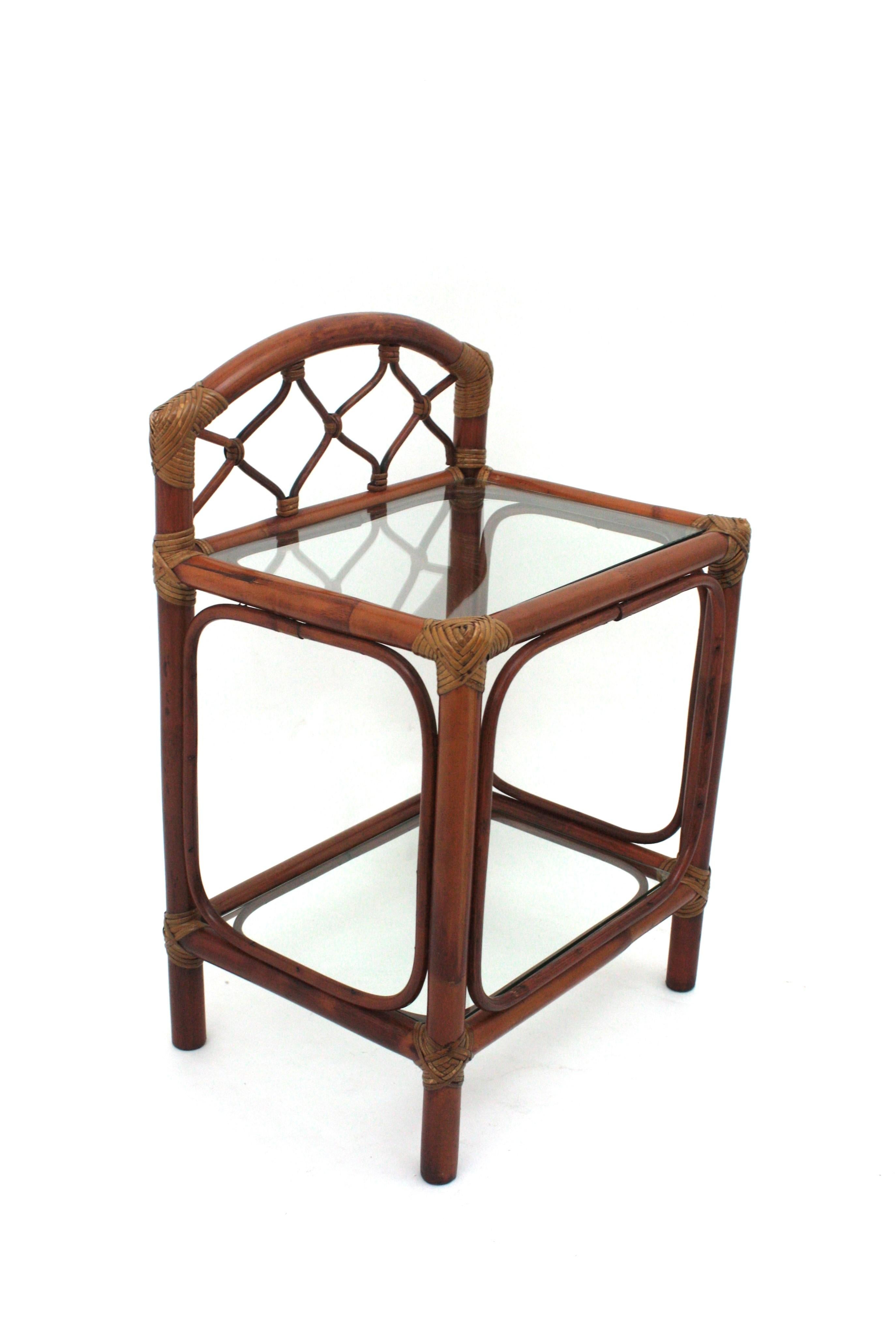 Pair of Midcentury Bamboo Rattan Nightstands with Glass Shelves, 1960s For Sale 7