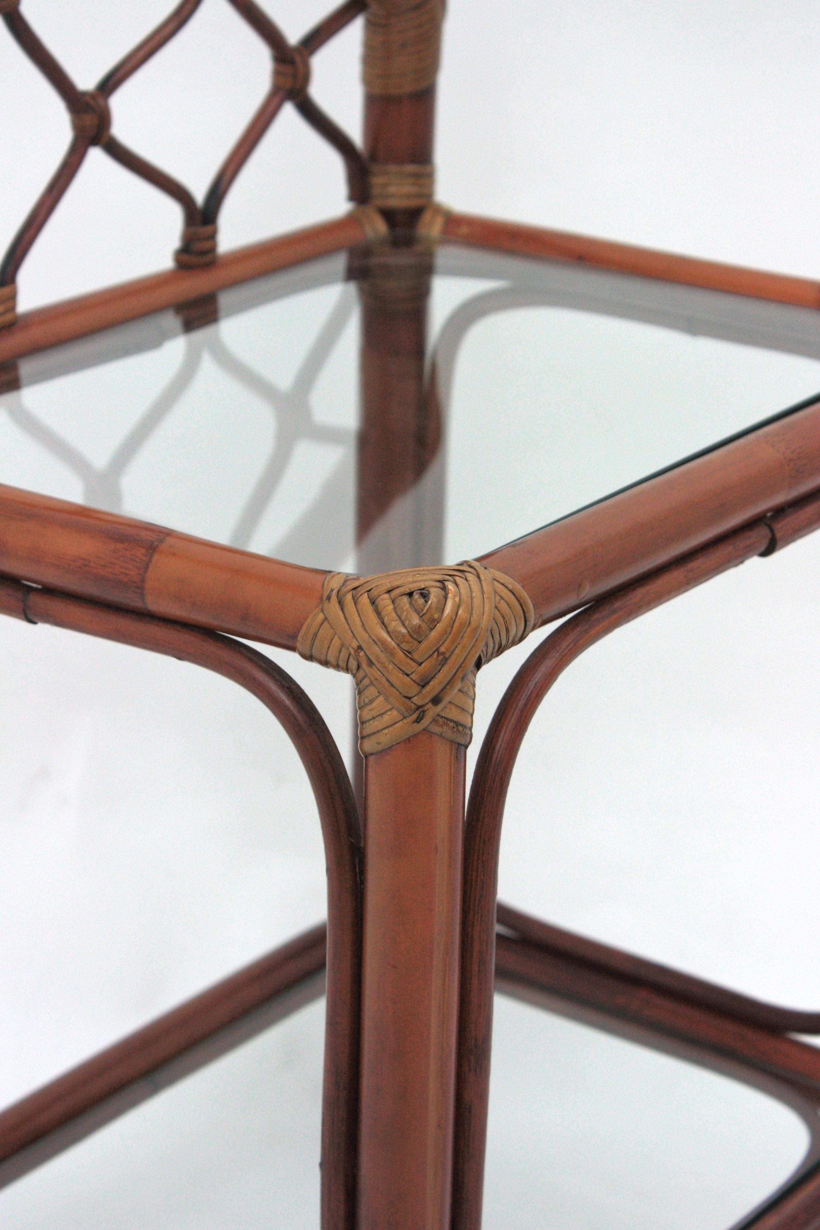 Pair of Midcentury Bamboo Rattan Nightstands with Glass Shelves, 1960s For Sale 8