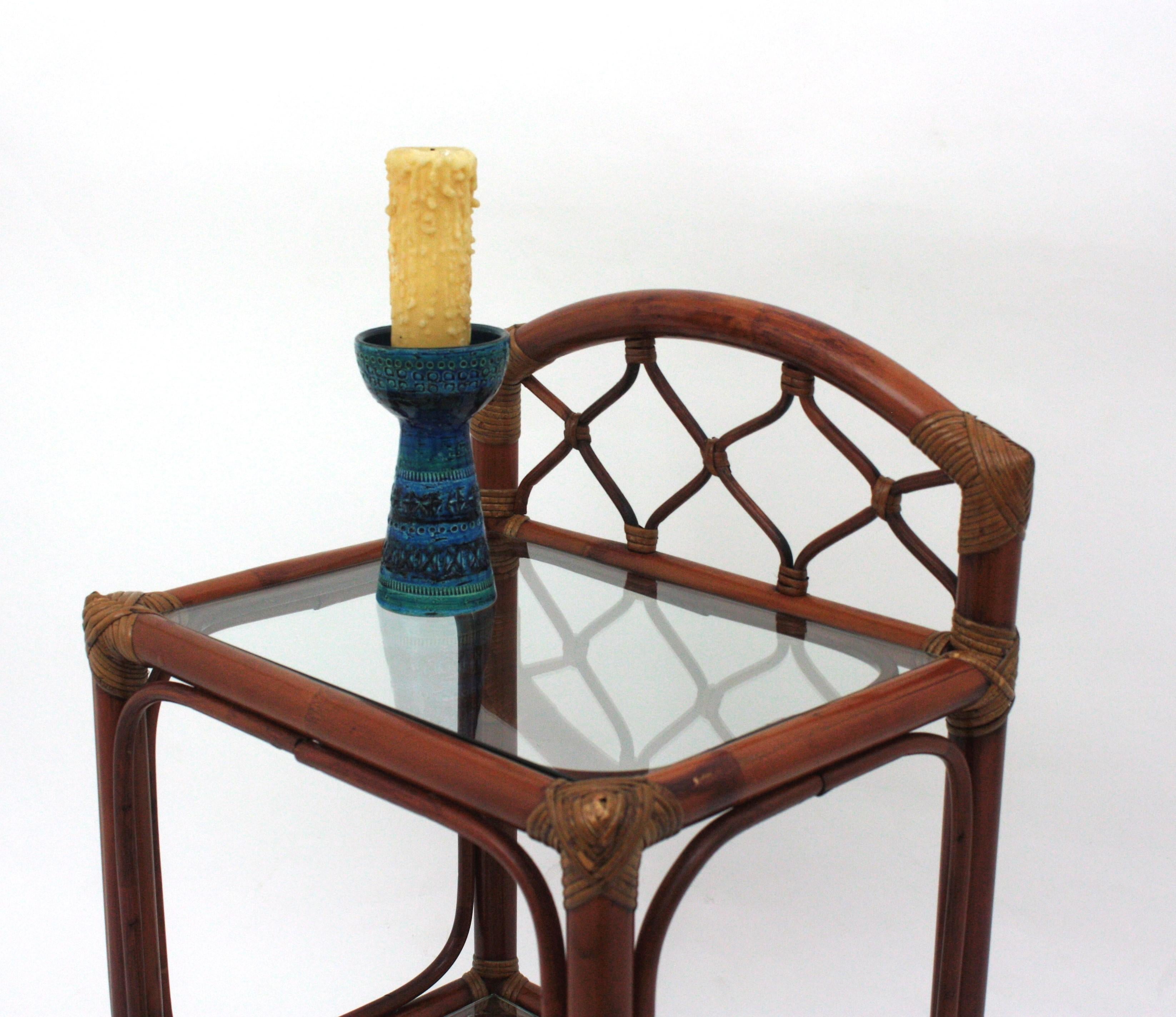 Pair of Midcentury Bamboo Rattan Nightstands with Glass Shelves, 1960s For Sale 10
