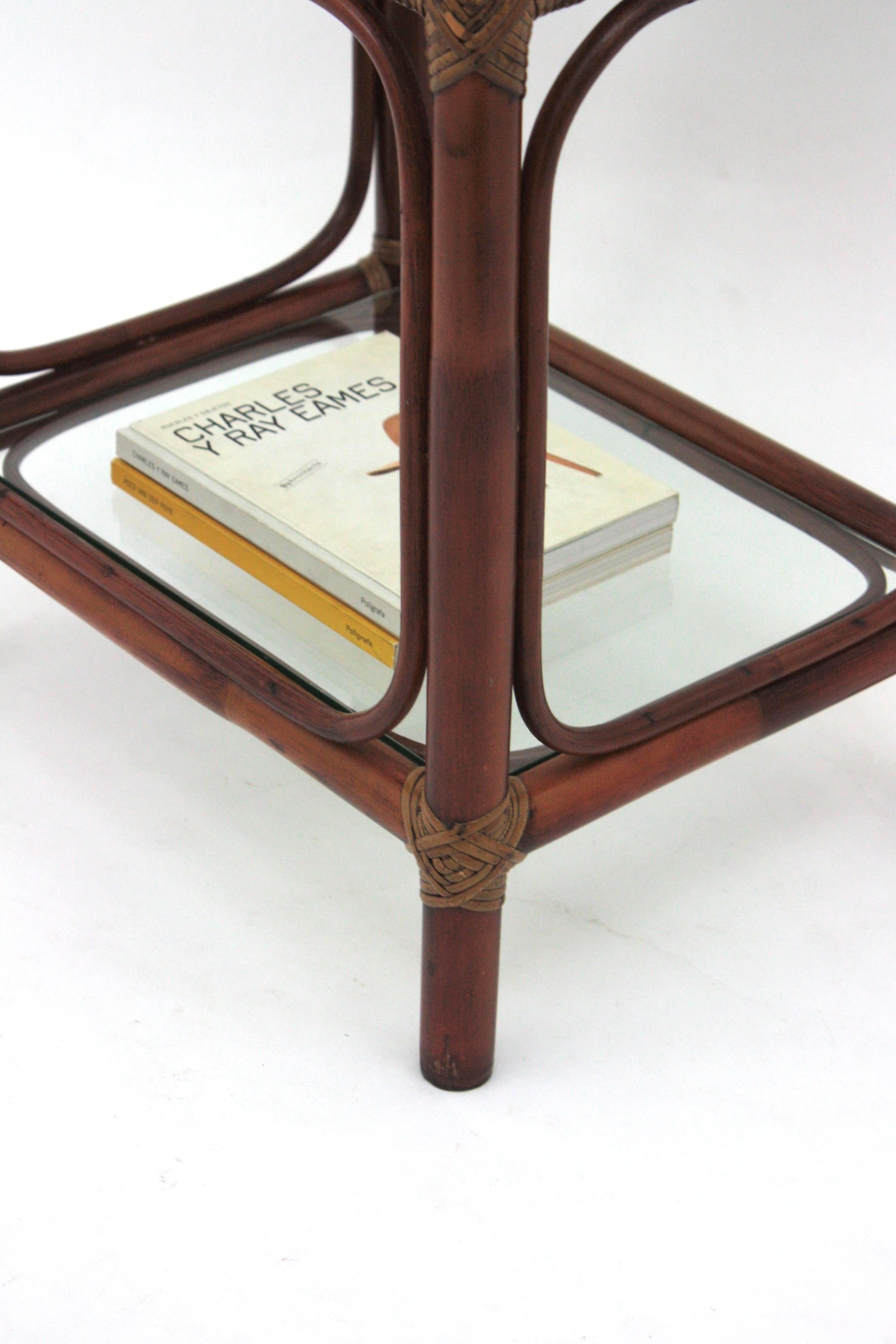 Pair of Midcentury Bamboo Rattan Nightstands with Glass Shelves, 1960s For Sale 11