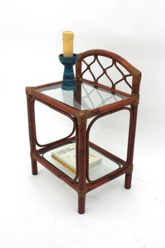 Pair of Midcentury Bamboo Rattan Nightstands with Glass Shelves, 1960s