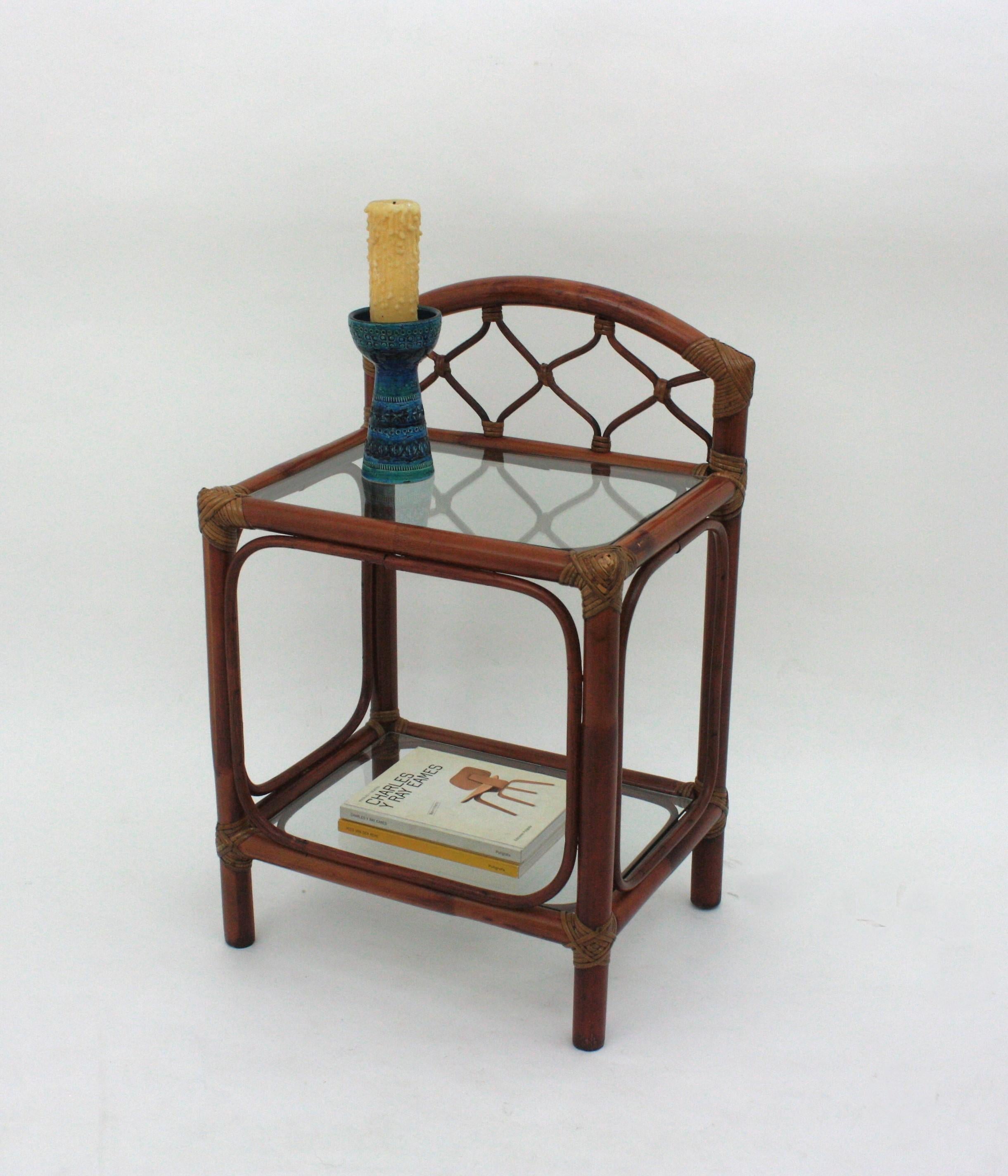 Spanish Pair of Midcentury Bamboo Rattan Nightstands with Glass Shelves, 1960s For Sale