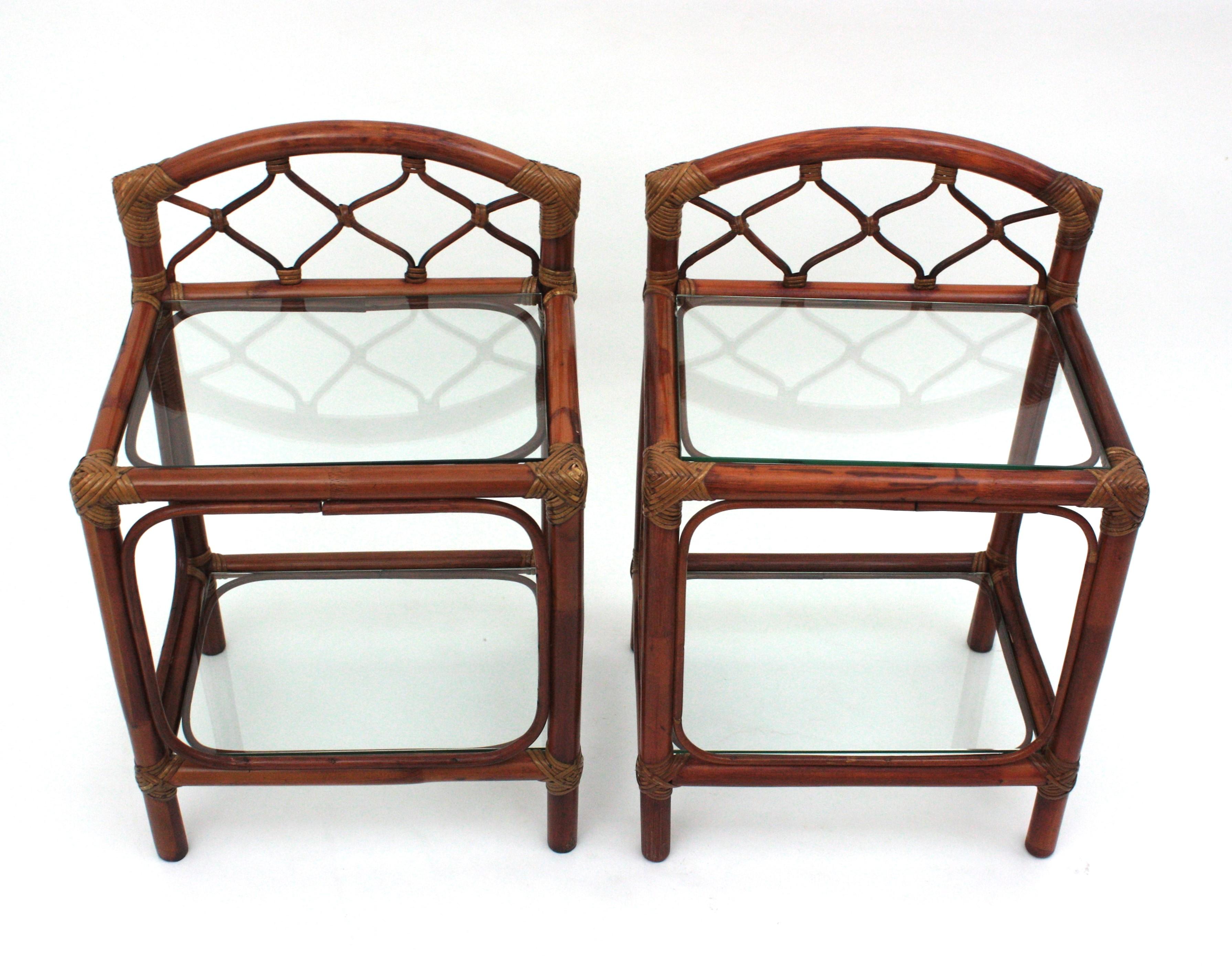 Hand-Crafted Pair of Midcentury Bamboo Rattan Nightstands with Glass Shelves, 1960s For Sale