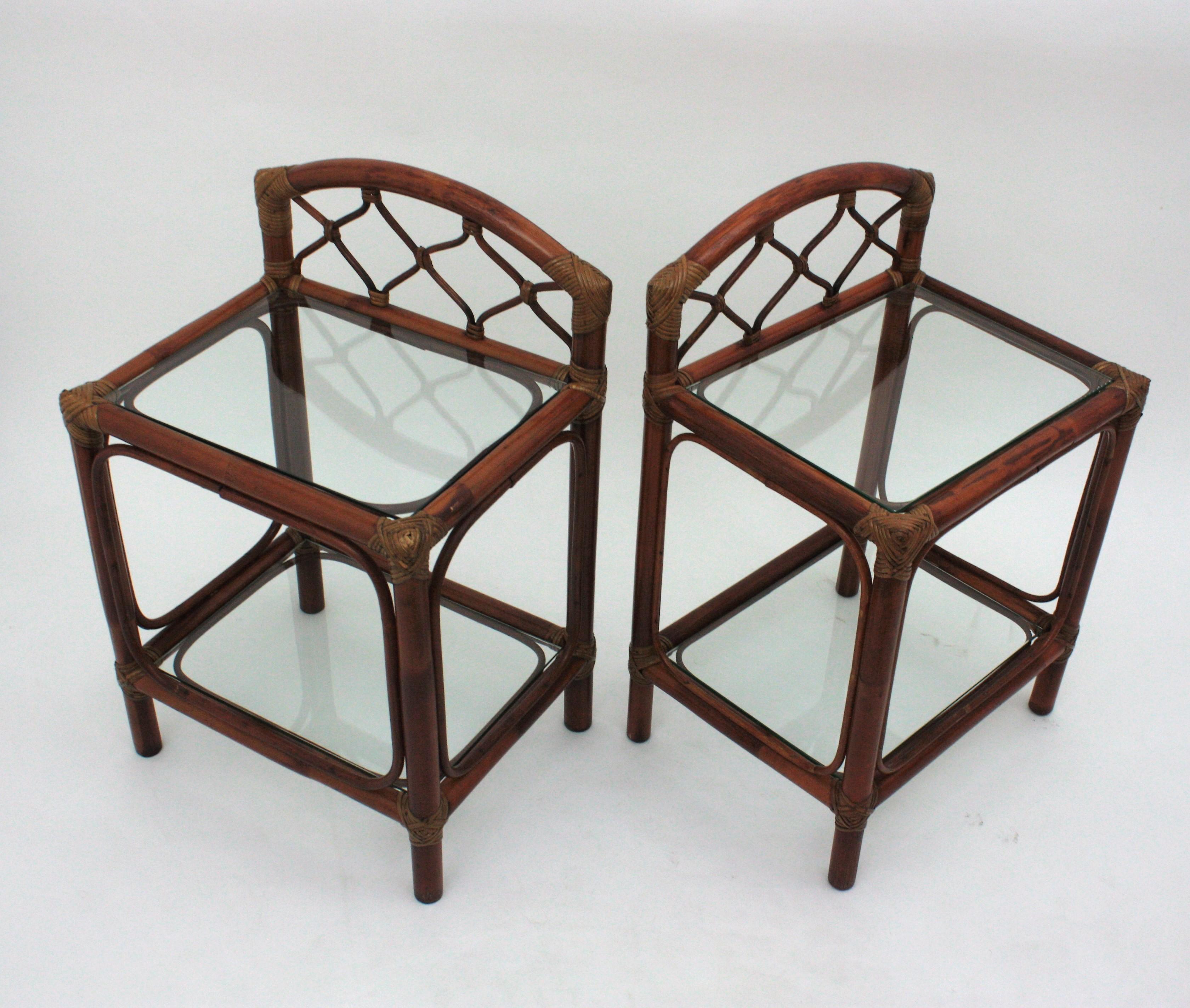 20th Century Pair of Midcentury Bamboo Rattan Nightstands with Glass Shelves, 1960s For Sale