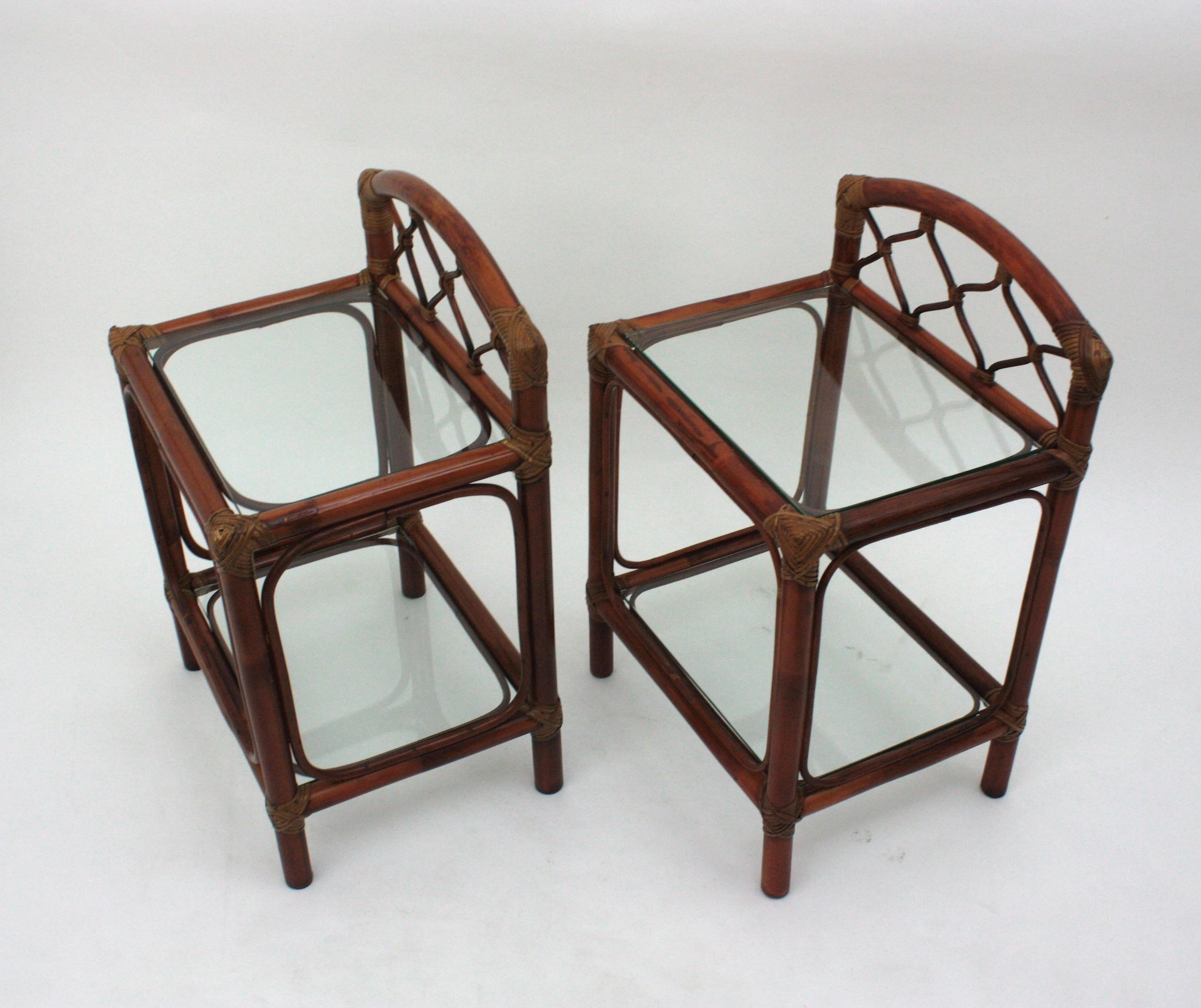 Pair of Midcentury Bamboo Rattan Nightstands with Glass Shelves, 1960s For Sale 1