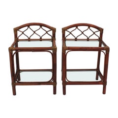 Pair of Midcentury Bamboo Rattan Nightstands with Glass Shelves, 1960s