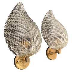 Pair of Midcentury Barovier Murano Crystal Glass Leaf Italian Wall Sconces 1950s
