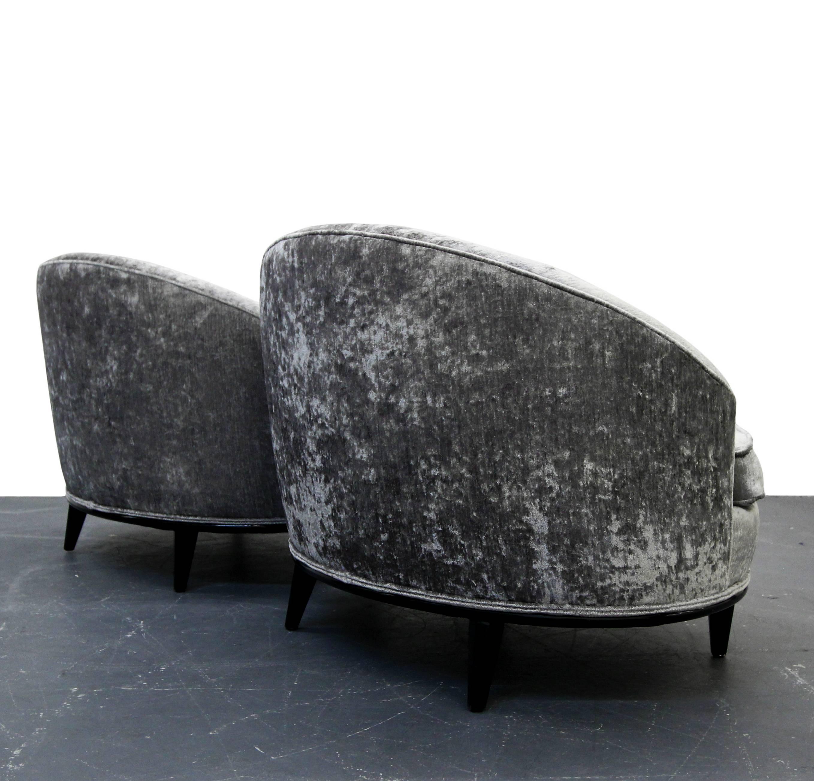 Velvet Pair of Midcentury Barrel Back Slipper Chairs