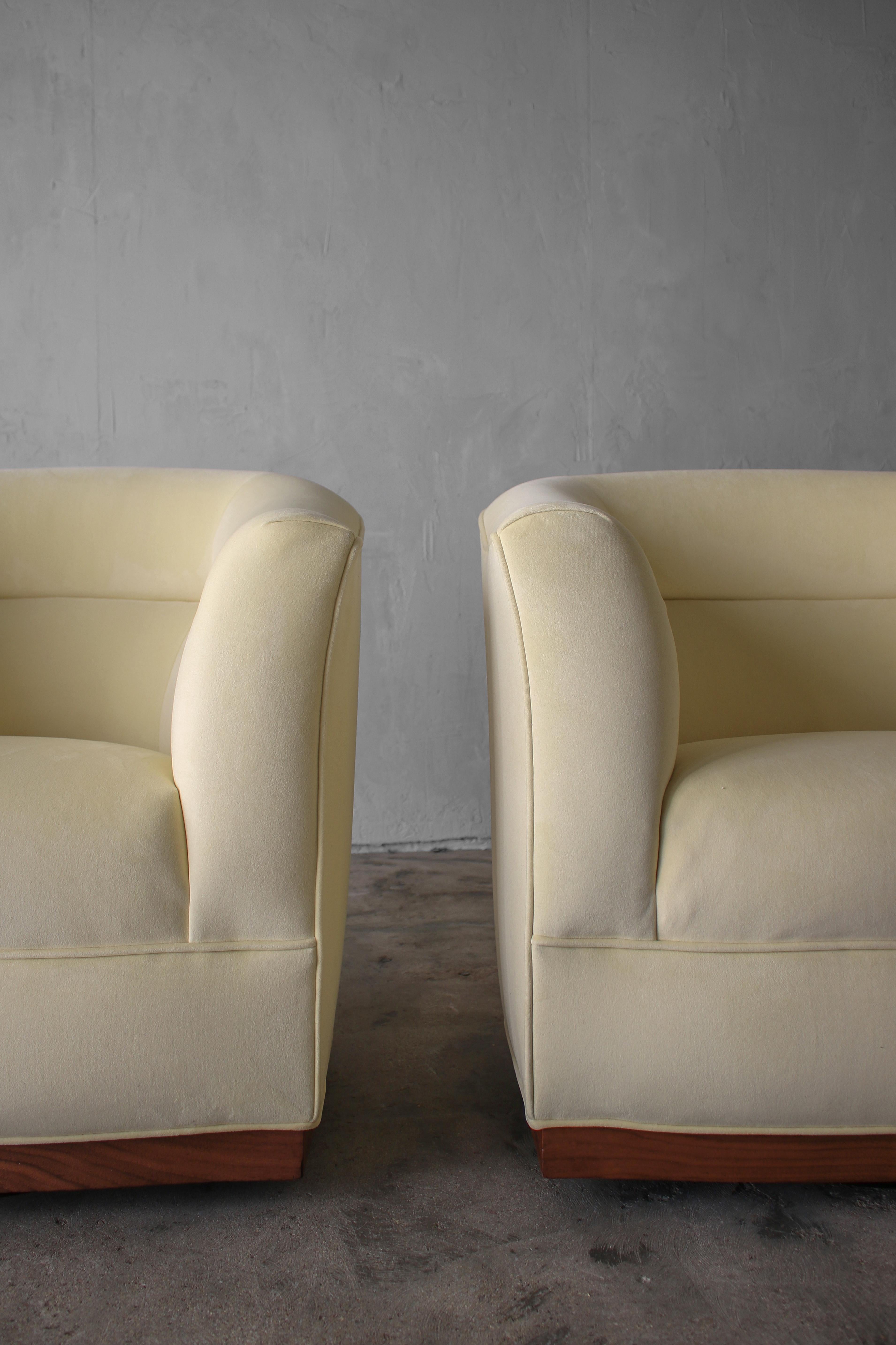 Velvet Pair of Midcentury Barrel Back Swivel Chairs