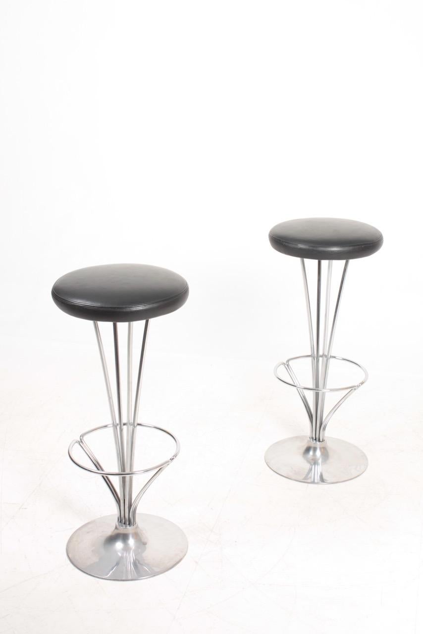 Danish Pair of Midcentury Barstools in Patinated Leather by Piet Hein, 1970s