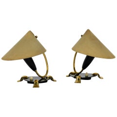 Pair of Midcentury Bedside Lamps Made of Brass and Plexiglass with Fabric Shades