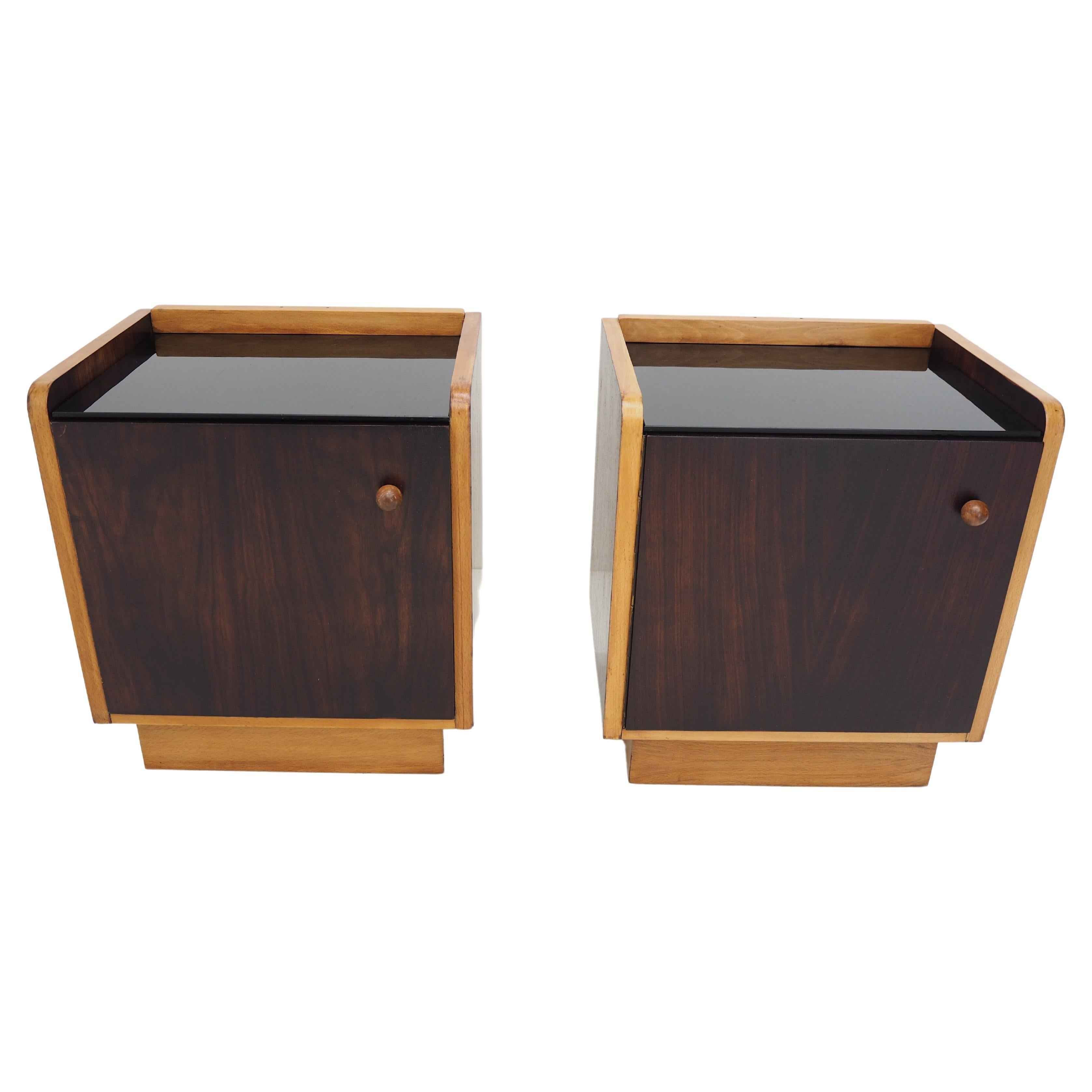 Pair of Midcentury Bedside Tables with Opaxite Glass, Czechoslovakia