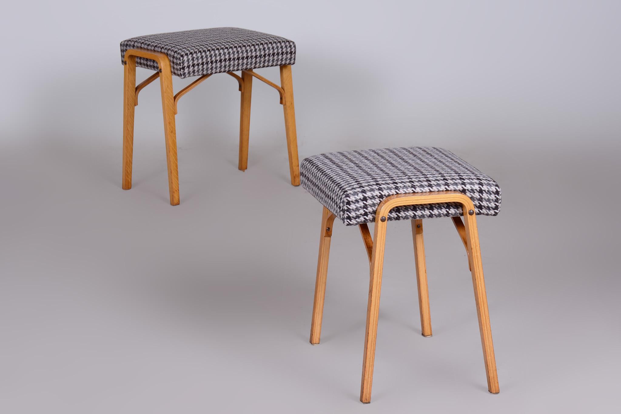 Fabric Pair of Midcentury Beech Stools by Ludvik Volak, Czechia, 1950s For Sale