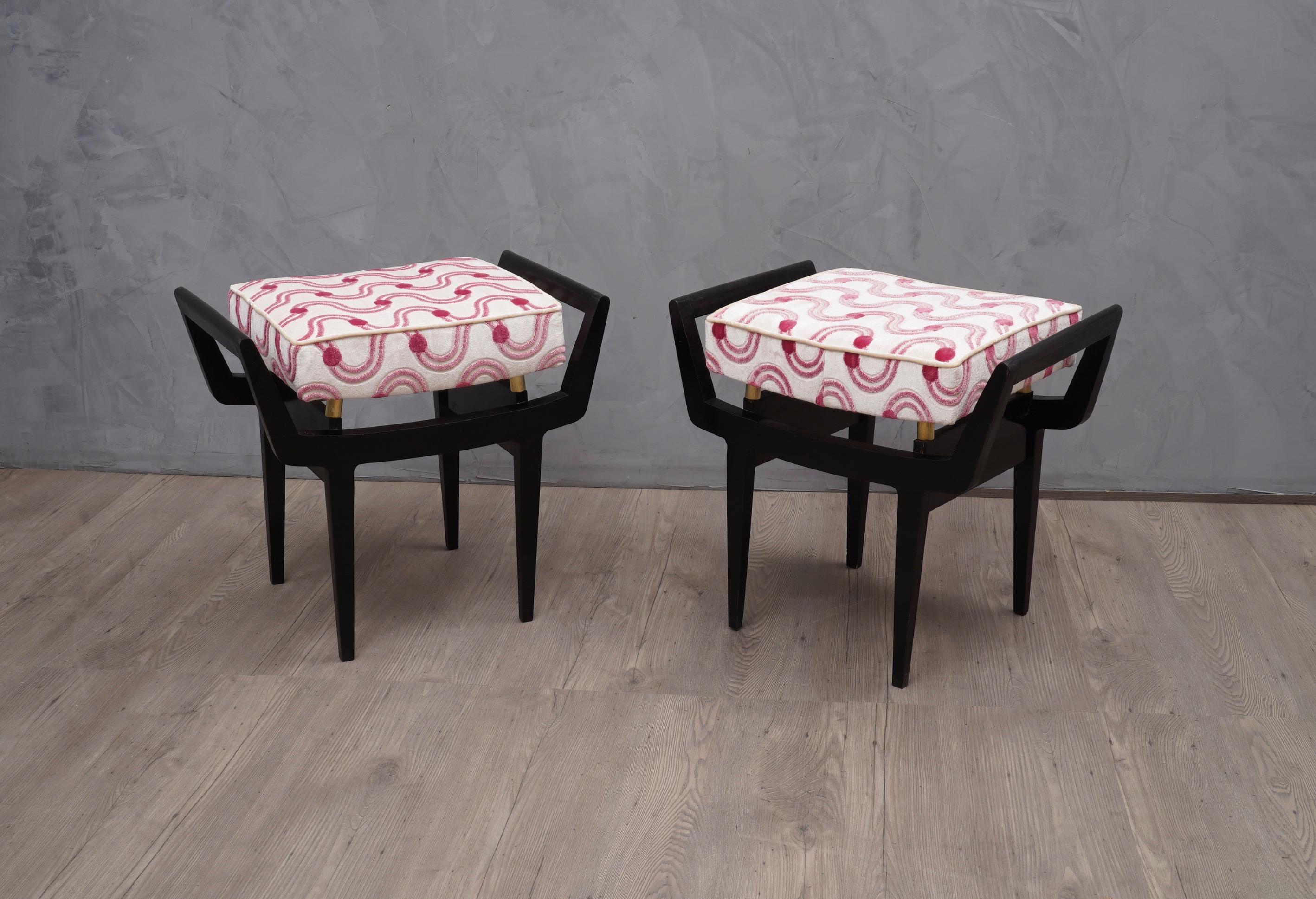 Pair of Midcentury Beechwood Brass and Velvet Stool, 1950 In Good Condition In Rome, IT