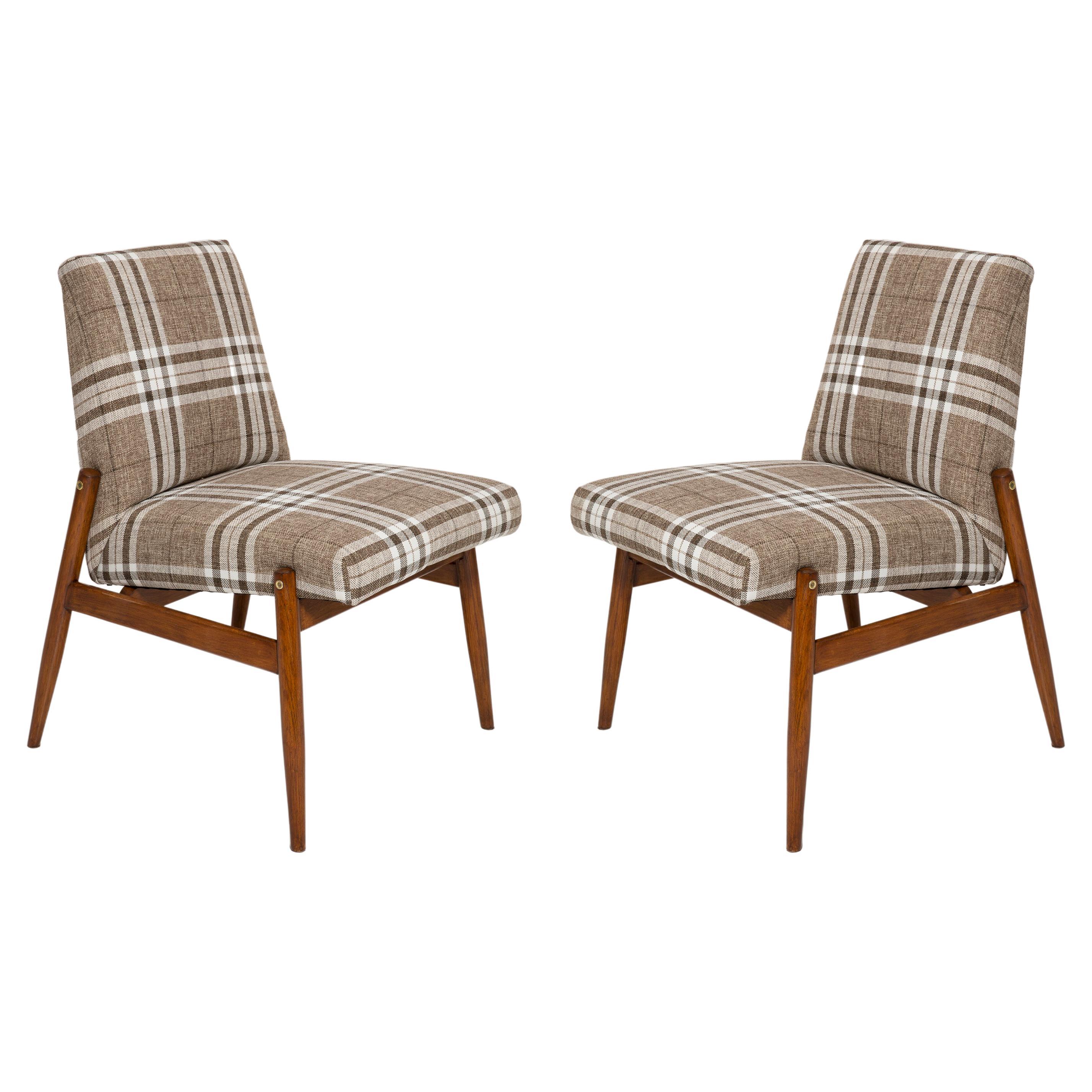 Pair of Midcentury Beige Checkered Fabric Armchairs, Europe, 1960s For Sale