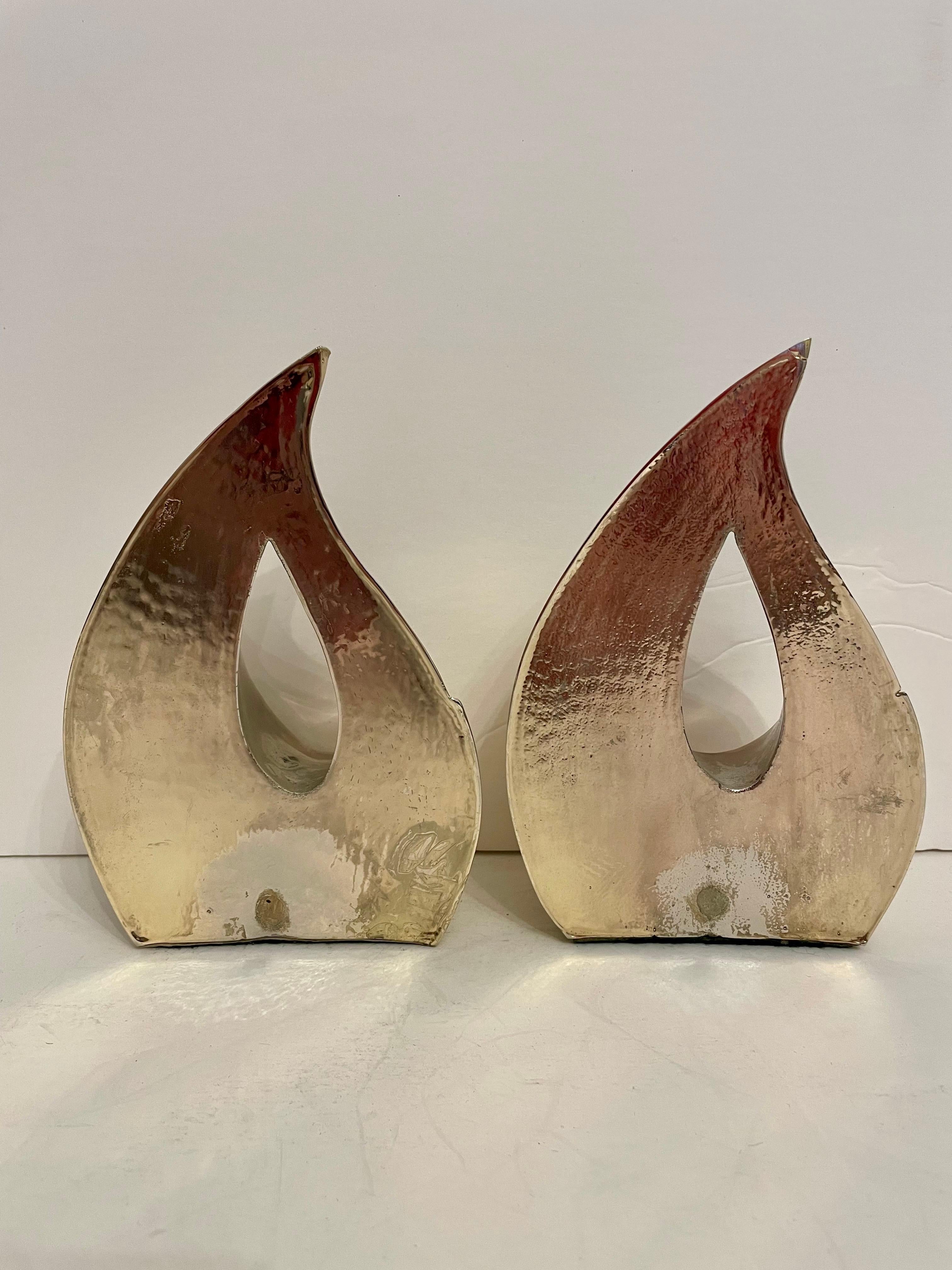 Plated Pair of Midcentury Ben Seibel Sculptural Flame Bookends For Sale