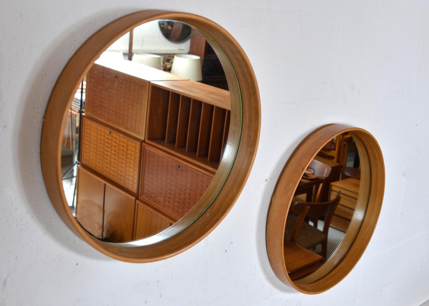 20th Century Pair Round Mid-Century Bentwood Wall Tray Mirrors Beech Scandinavian 1960 Sweden For Sale
