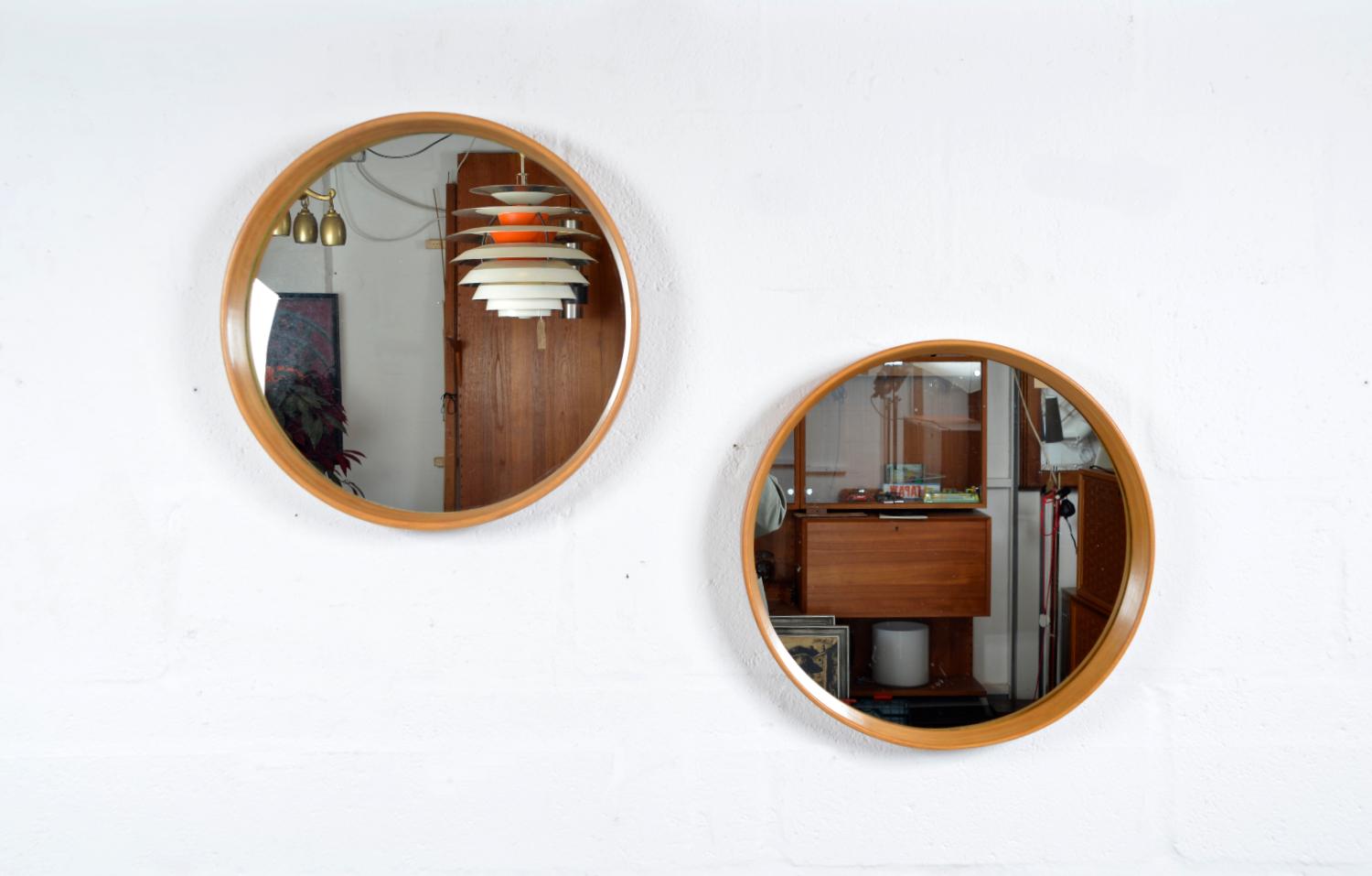 Glass Pair Round Mid-Century Bentwood Wall Tray Mirrors Beech Scandinavian 1960 Sweden For Sale