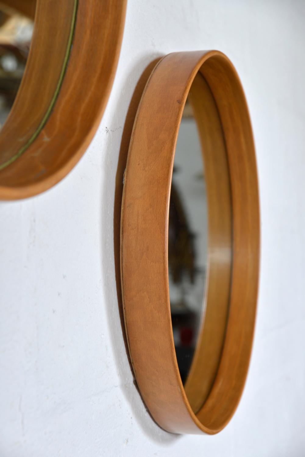 Pair Round Mid-Century Bentwood Wall Tray Mirrors Beech Scandinavian 1960 Sweden For Sale 1
