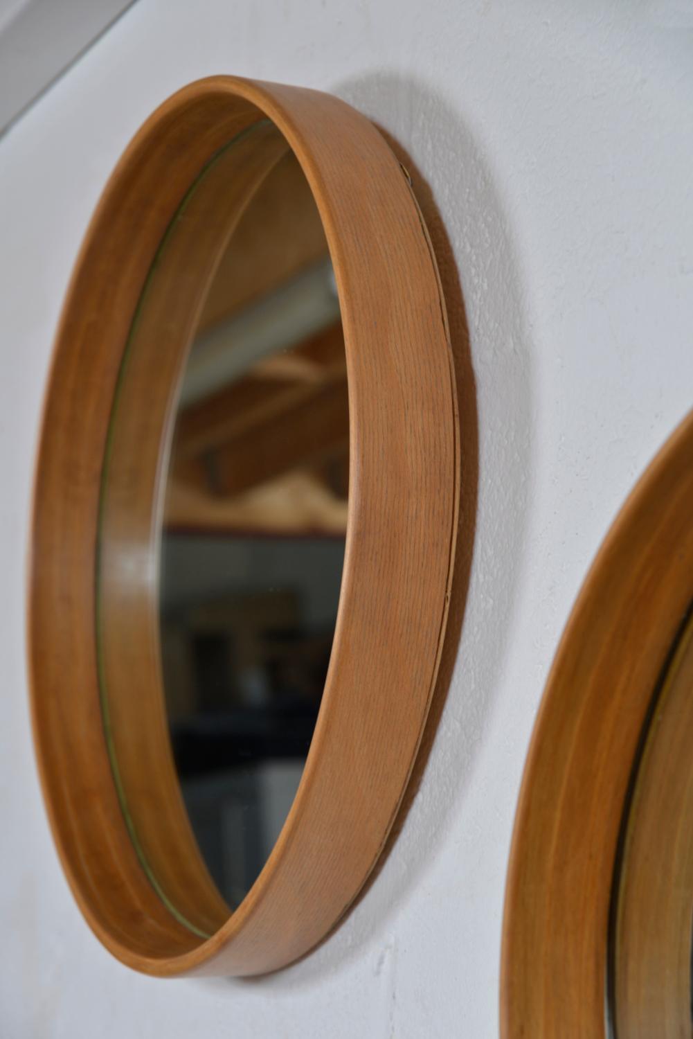Pair Round Mid-Century Bentwood Wall Tray Mirrors Beech Scandinavian 1960 Sweden For Sale 2