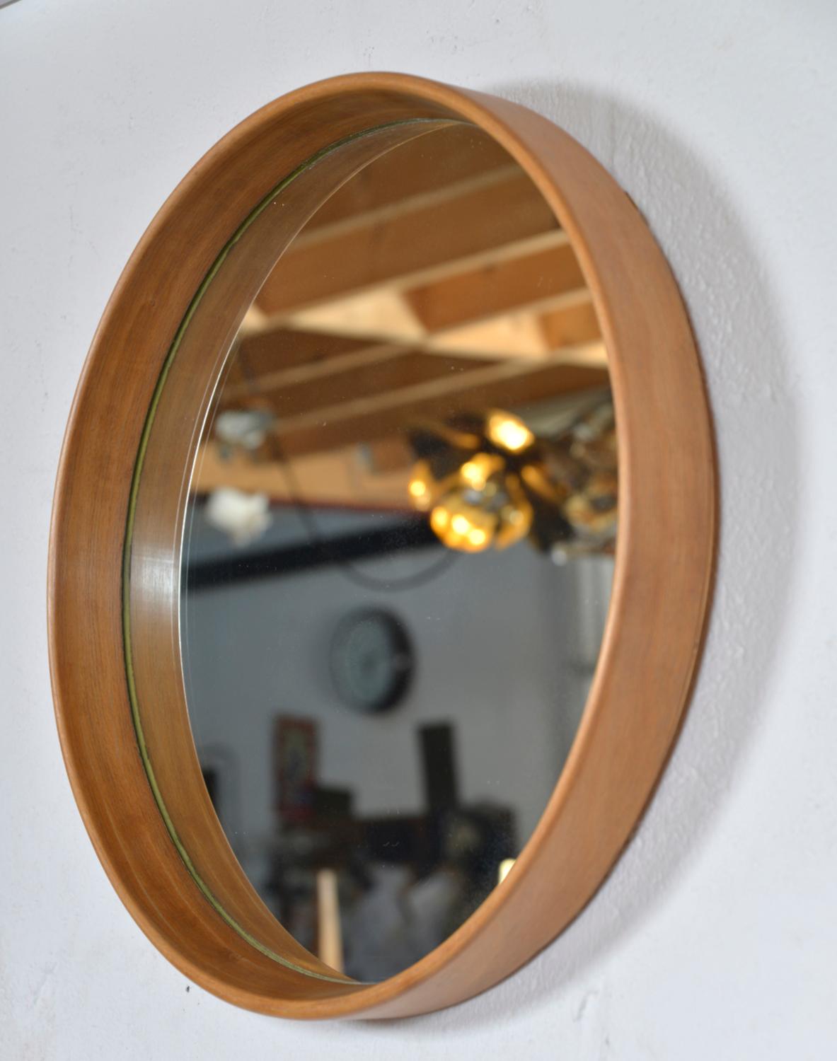 Pair Round Mid-Century Bentwood Wall Tray Mirrors Beech Scandinavian 1960 Sweden For Sale 3