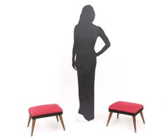 Pair of Midcentury Black and Red Fabric Poufs with Wooden Legs, Italy, 1950s