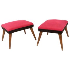 Pair of Midcentury Black and Red Fabric Poufs with Wooden Legs, Italy, 1950s