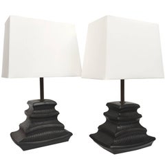 Pair of Midcentury Black Ceramic Lamps in the Style of James Mont