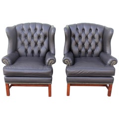 Pair of Midcentury Black Leather Wing Chair