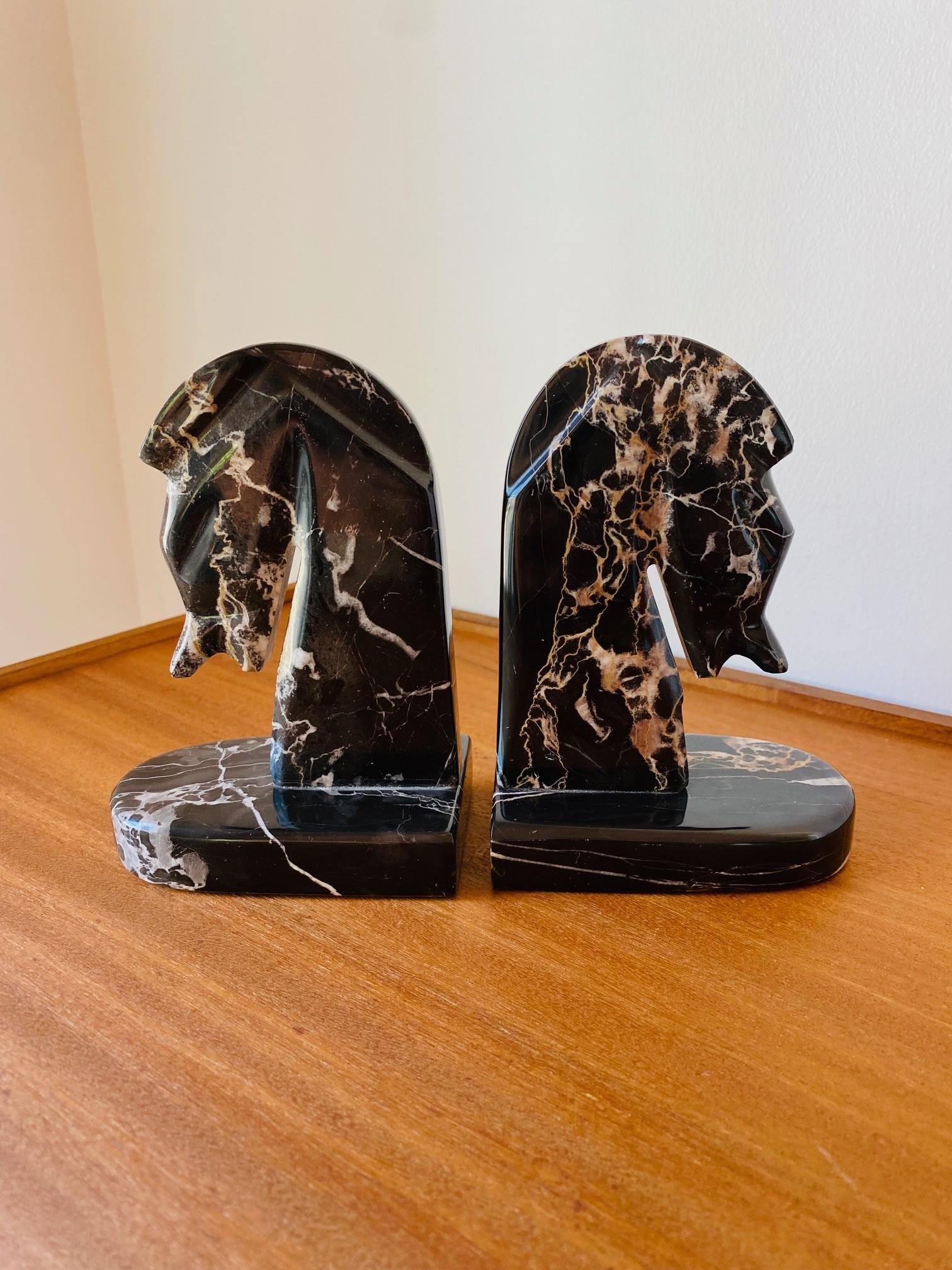 Pair of Midcentury Black Marble Horse Head Bookends For Sale 4
