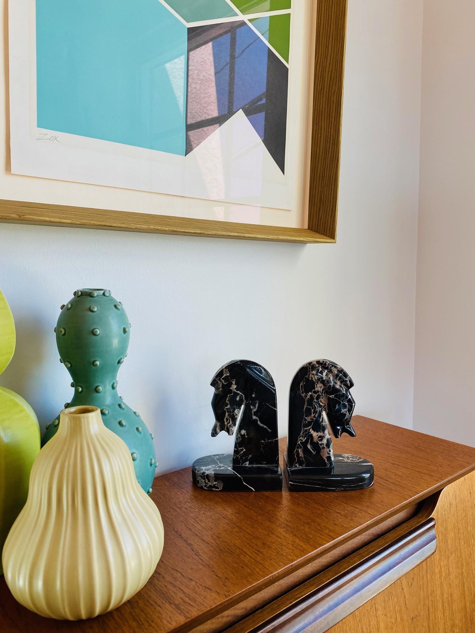 Mid-Century Modern Pair of Midcentury Black Marble Horse Head Bookends For Sale