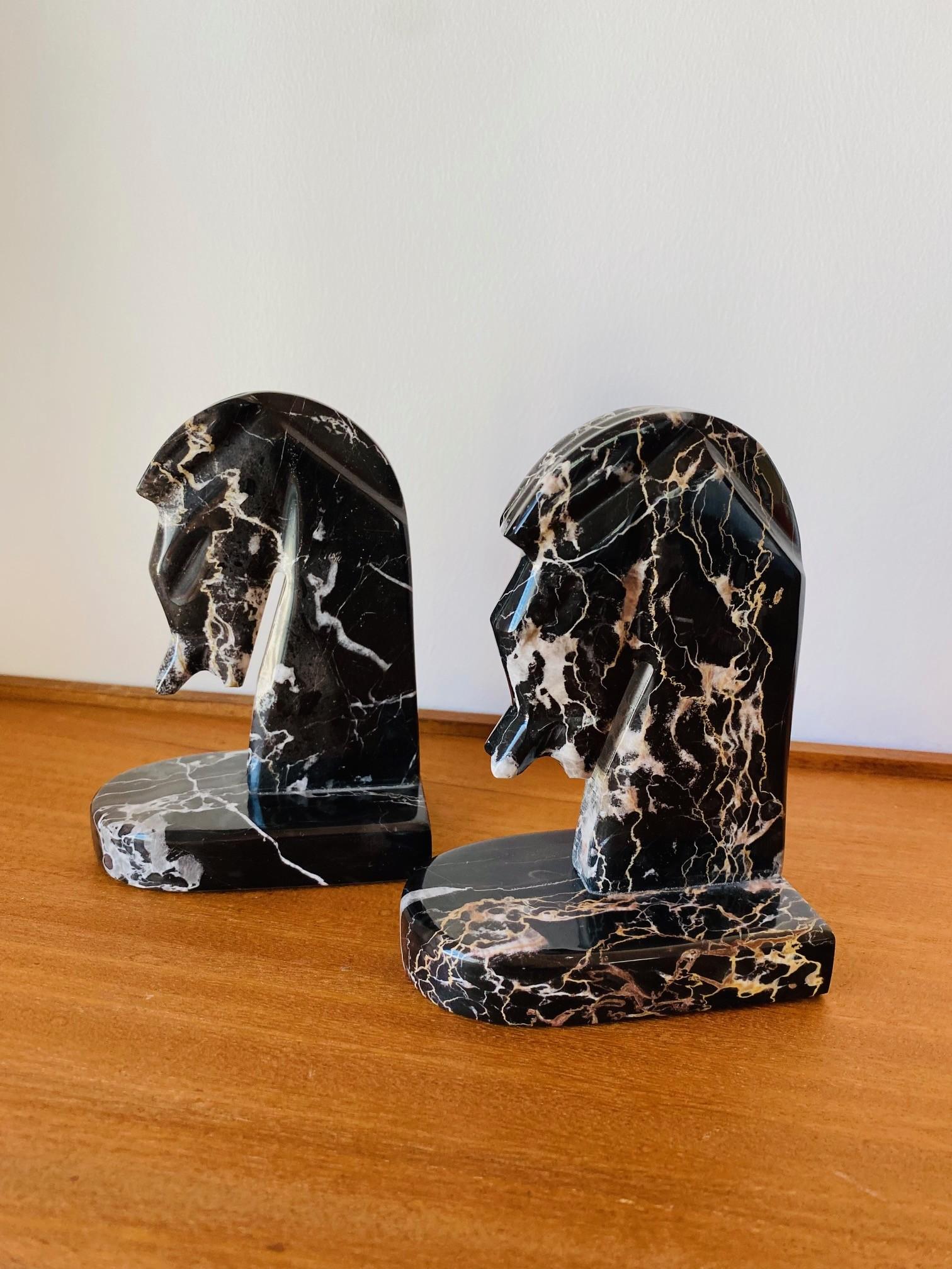 20th Century Pair of Midcentury Black Marble Horse Head Bookends For Sale