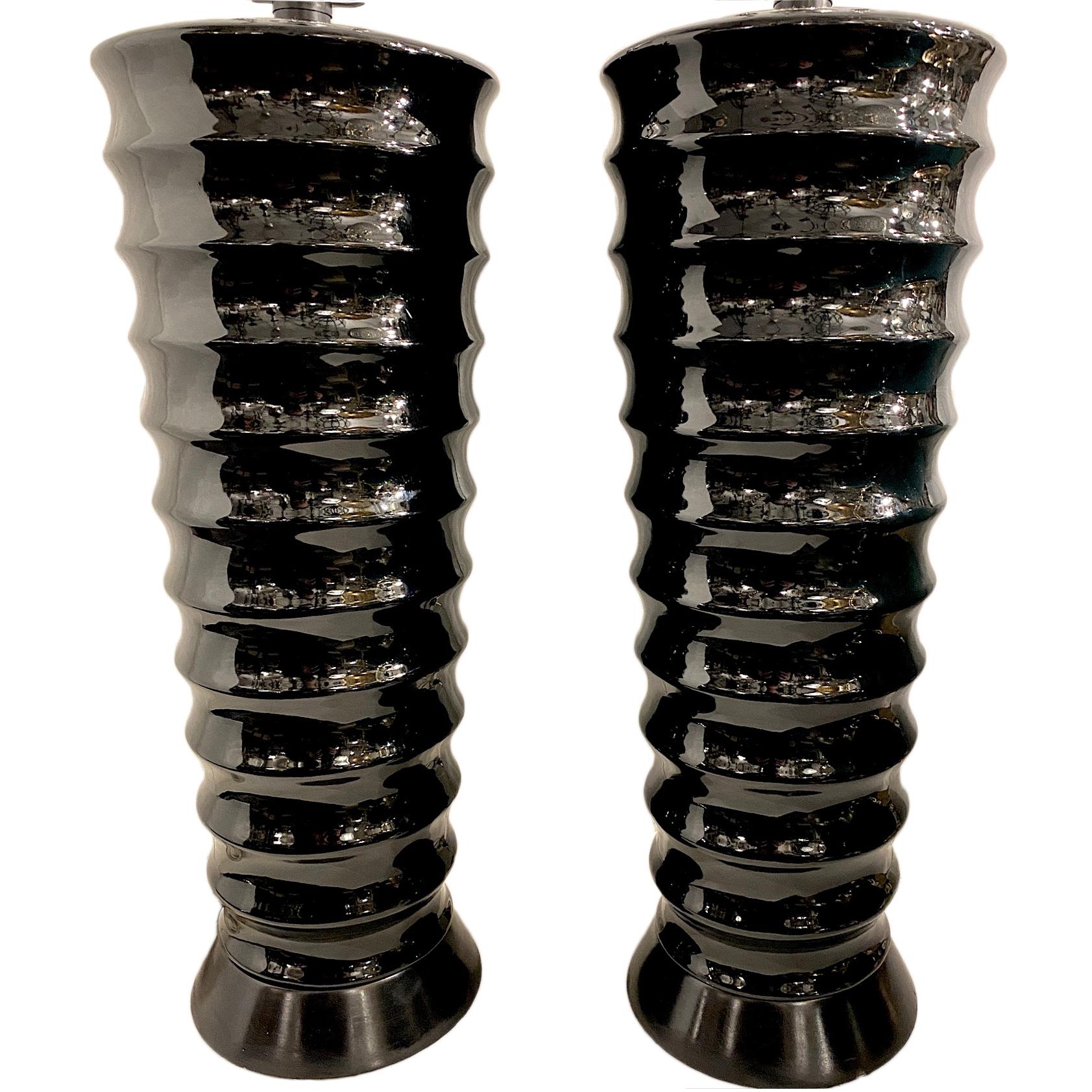 French Pair of Midcentury Black Porcelain Lamps For Sale
