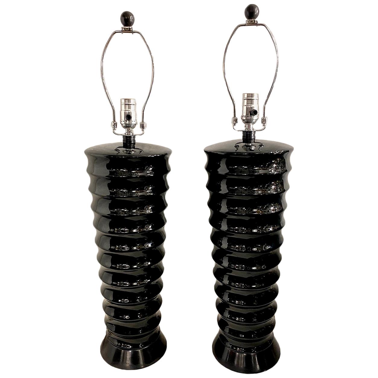 Pair of Midcentury Black Porcelain Lamps