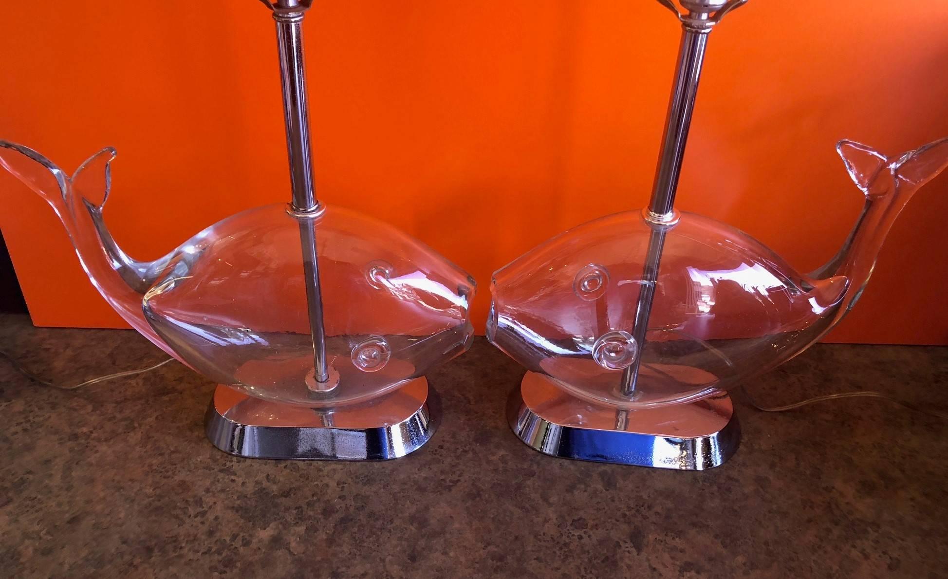 American Pair of Midcentury Blown Glass Fish Lamps by Blenko