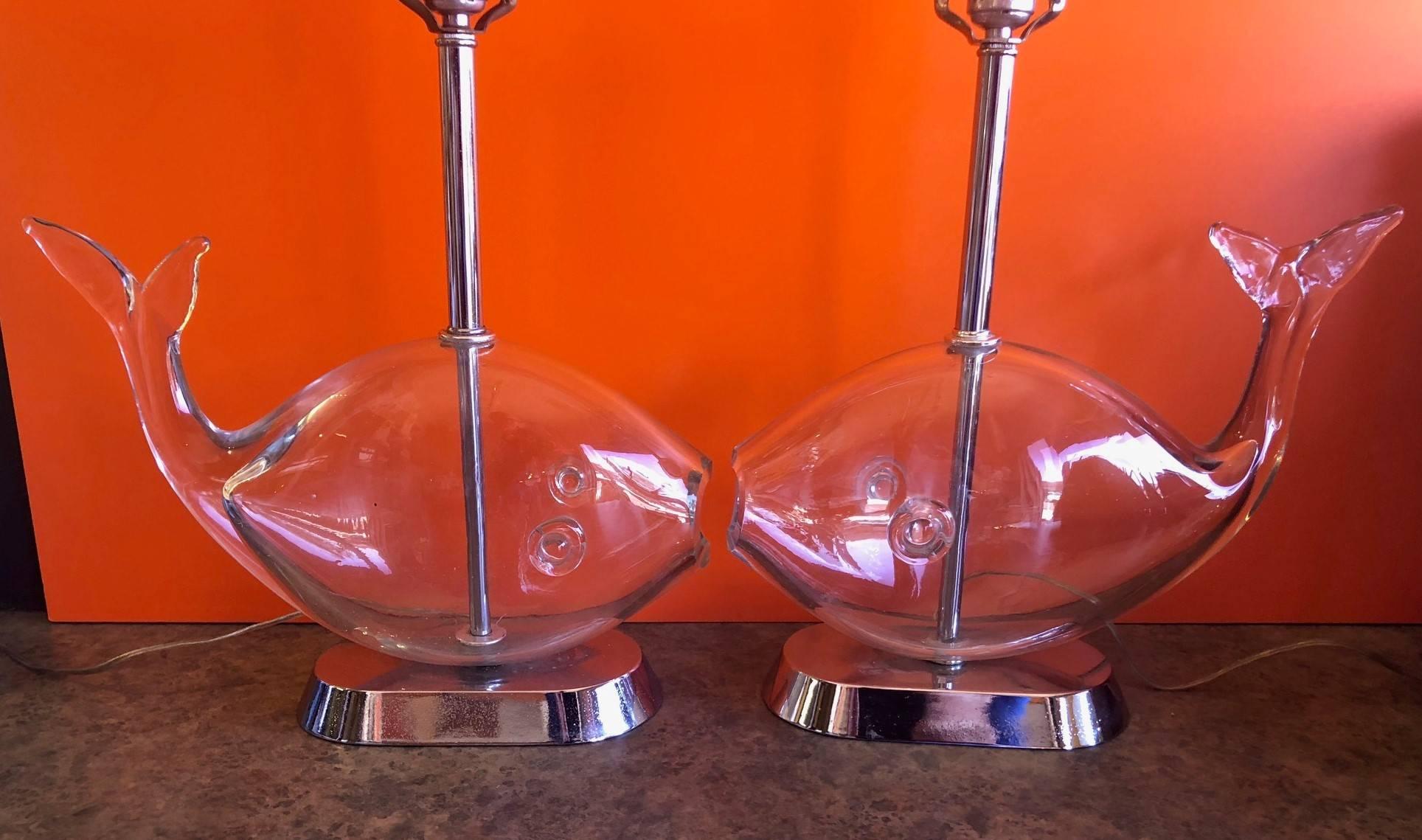 20th Century Pair of Midcentury Blown Glass Fish Lamps by Blenko