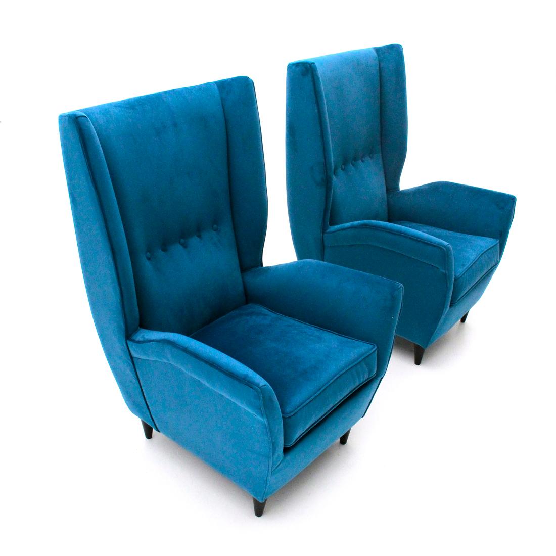 Mid-Century Modern Pair of Midcentury Blue Velvet Italian Wingback Armchair, 1950s