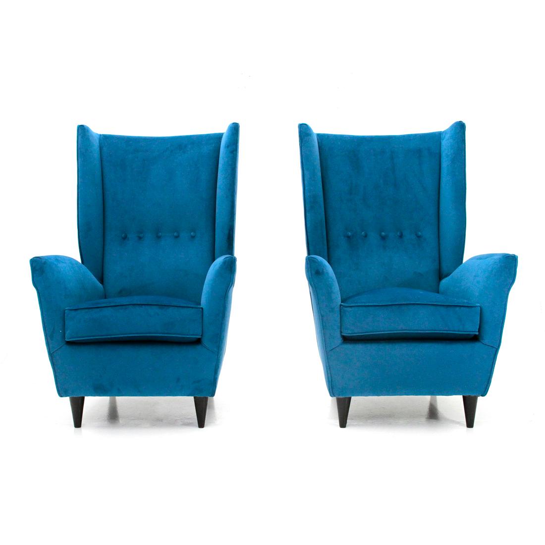 Pair of Midcentury Blue Velvet Italian Wingback Armchair, 1950s 1
