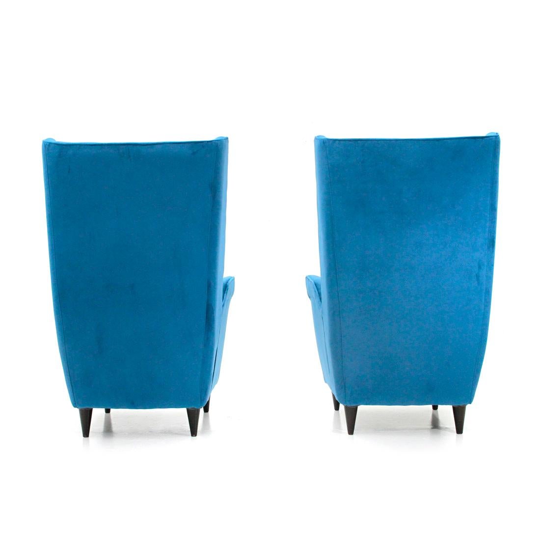 Pair of Midcentury Blue Velvet Italian Wingback Armchair, 1950s 3