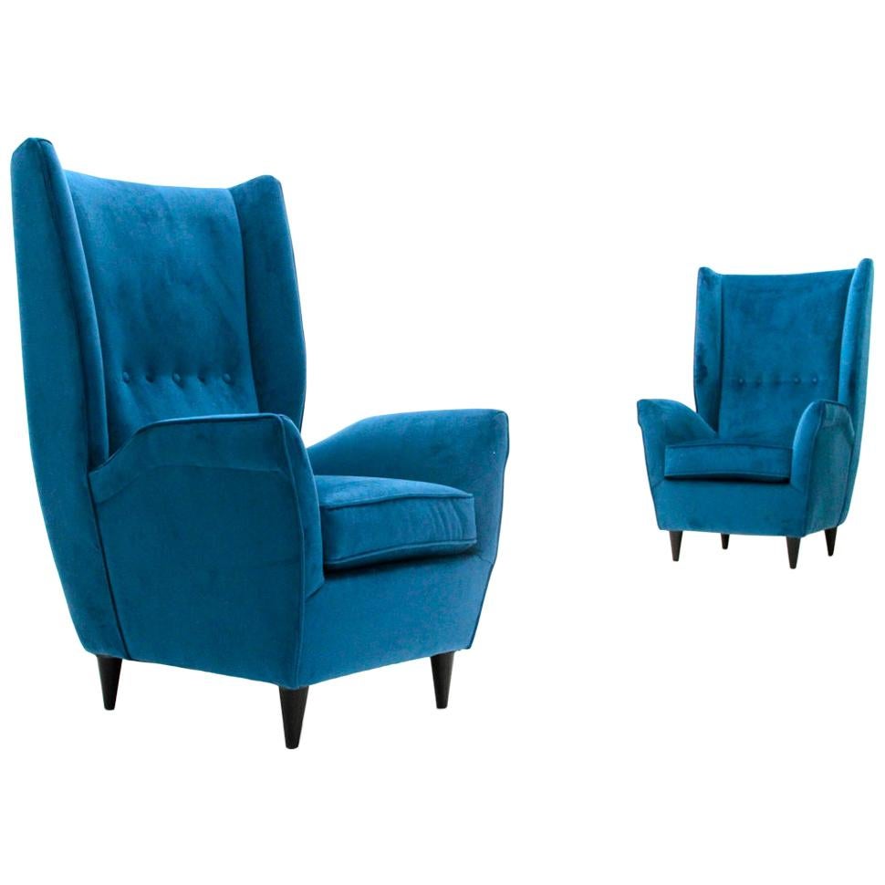 Pair of Midcentury Blue Velvet Italian Wingback Armchair, 1950s