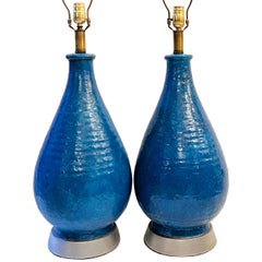 Pair of Midcentury Blue Ceramic Table Lamps