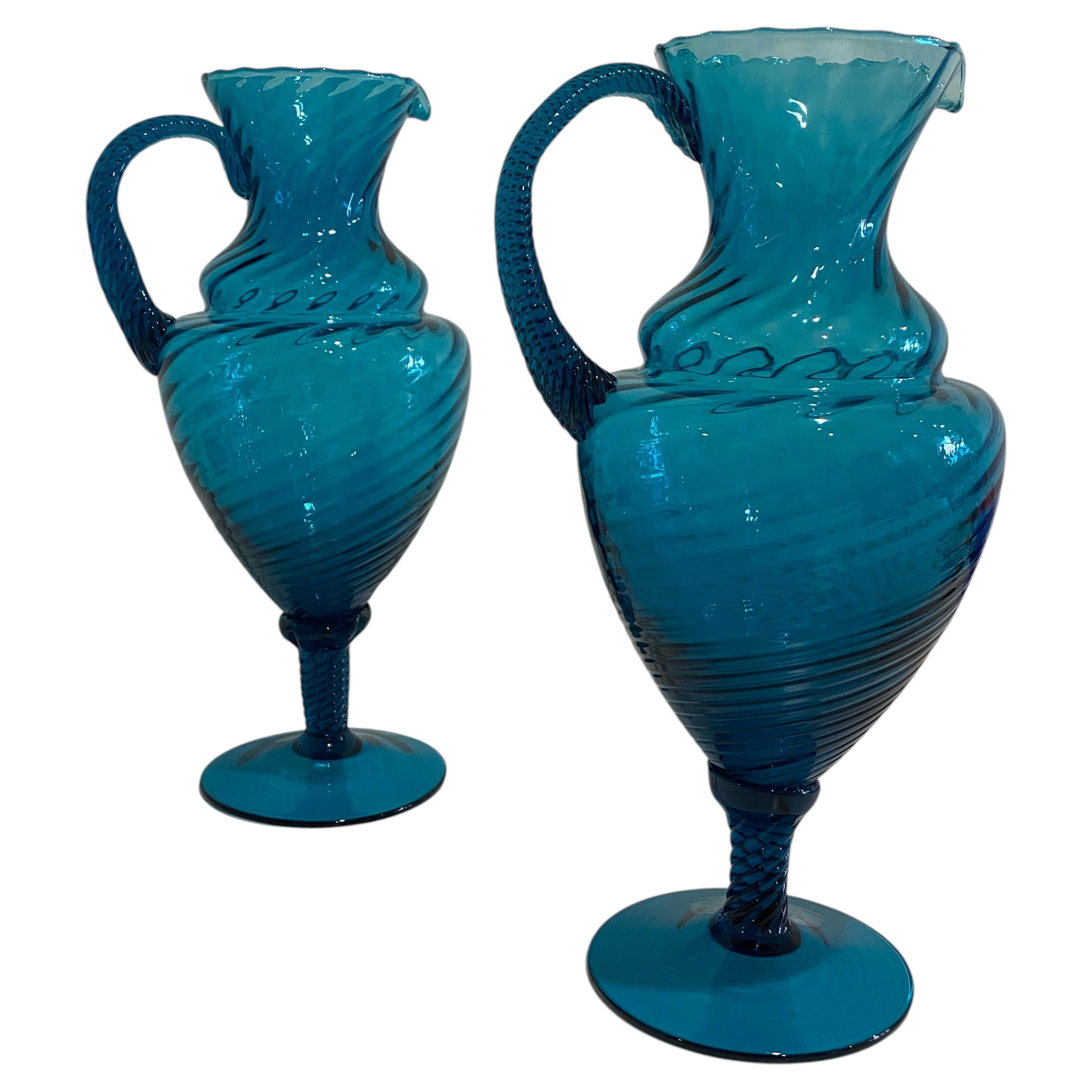 Pair of Midcentury Blue Empoli Glass Ewers /Vases with Twisted Motif