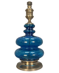 Pair Of Midcentury Blue Glass & Silver Lamps