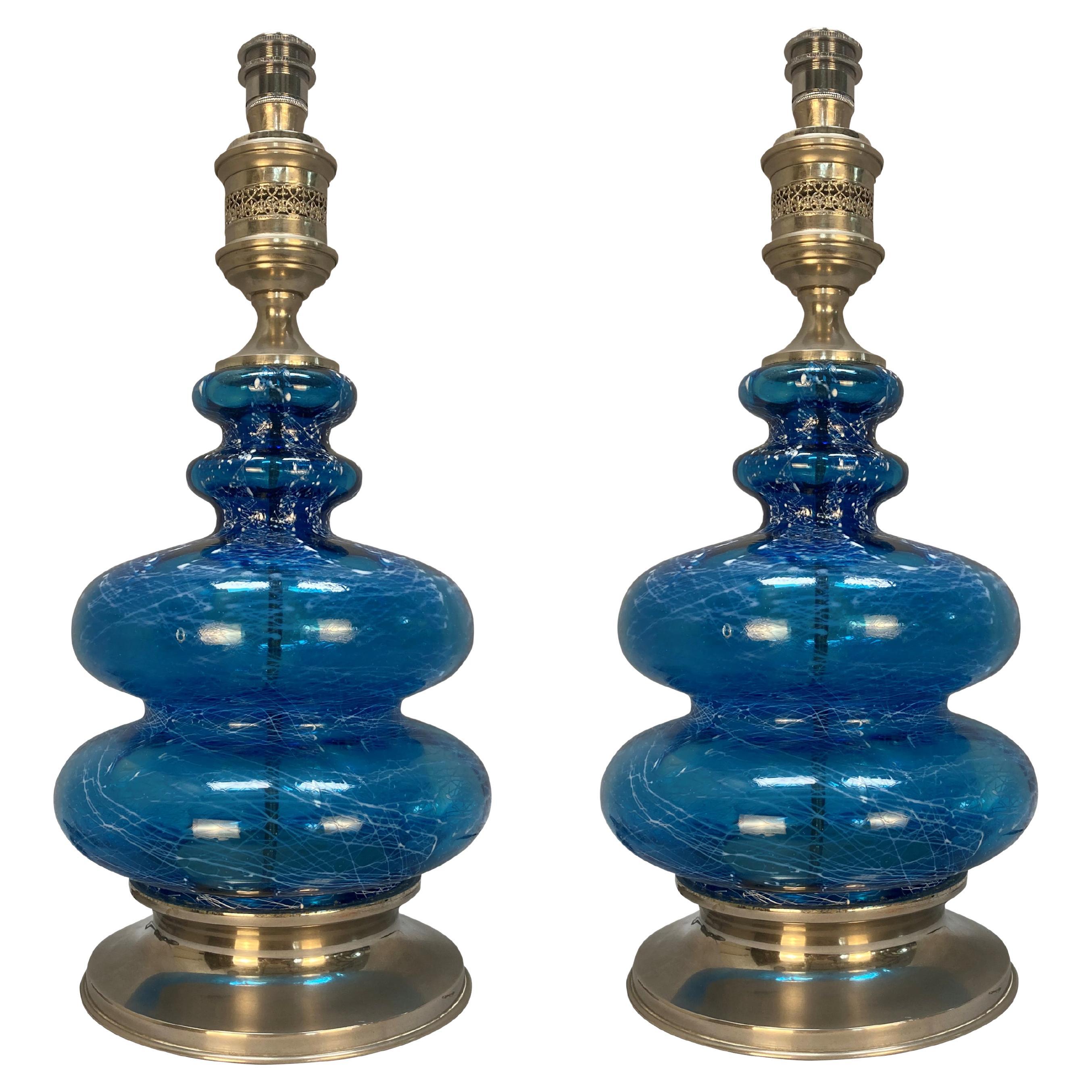 Pair Of Midcentury Blue Glass & Silver Lamps
