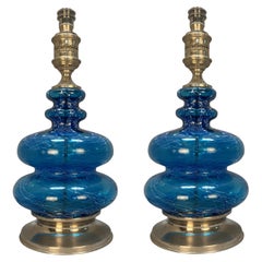 Pair Of Midcentury Blue Glass & Silver Lamps
